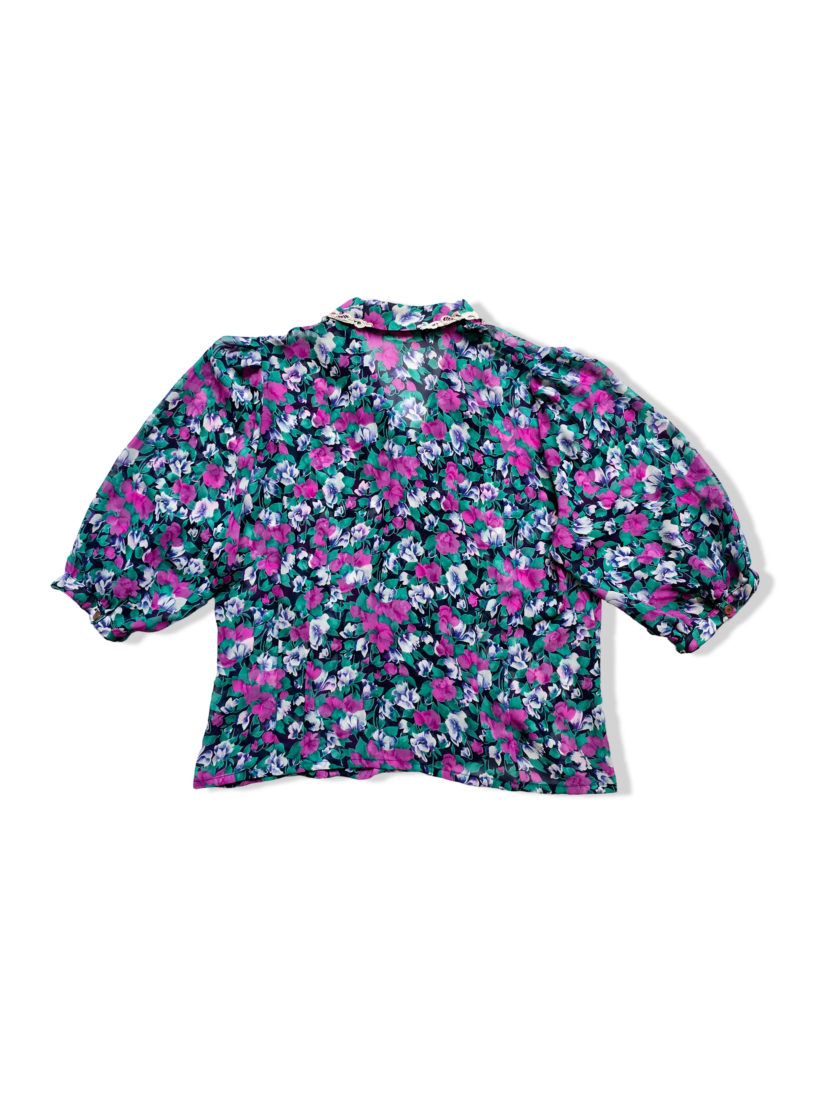 Vintage Purple Floral Print Blouse With Lace Collar - M/L - Image 5