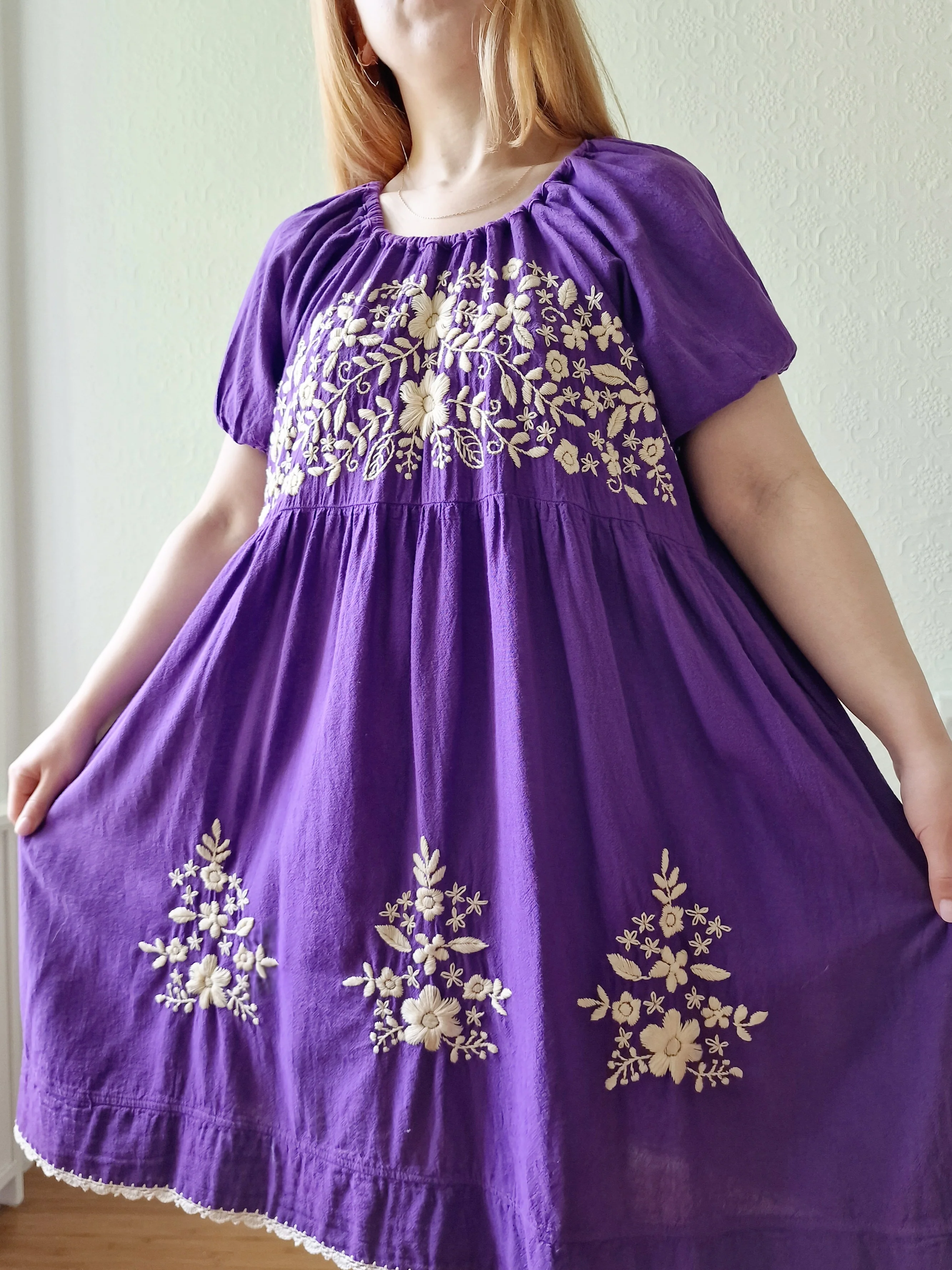 Vintage Purple Folk Style Embroidered Midi Dress with Puff Sleeves - M - Image 6