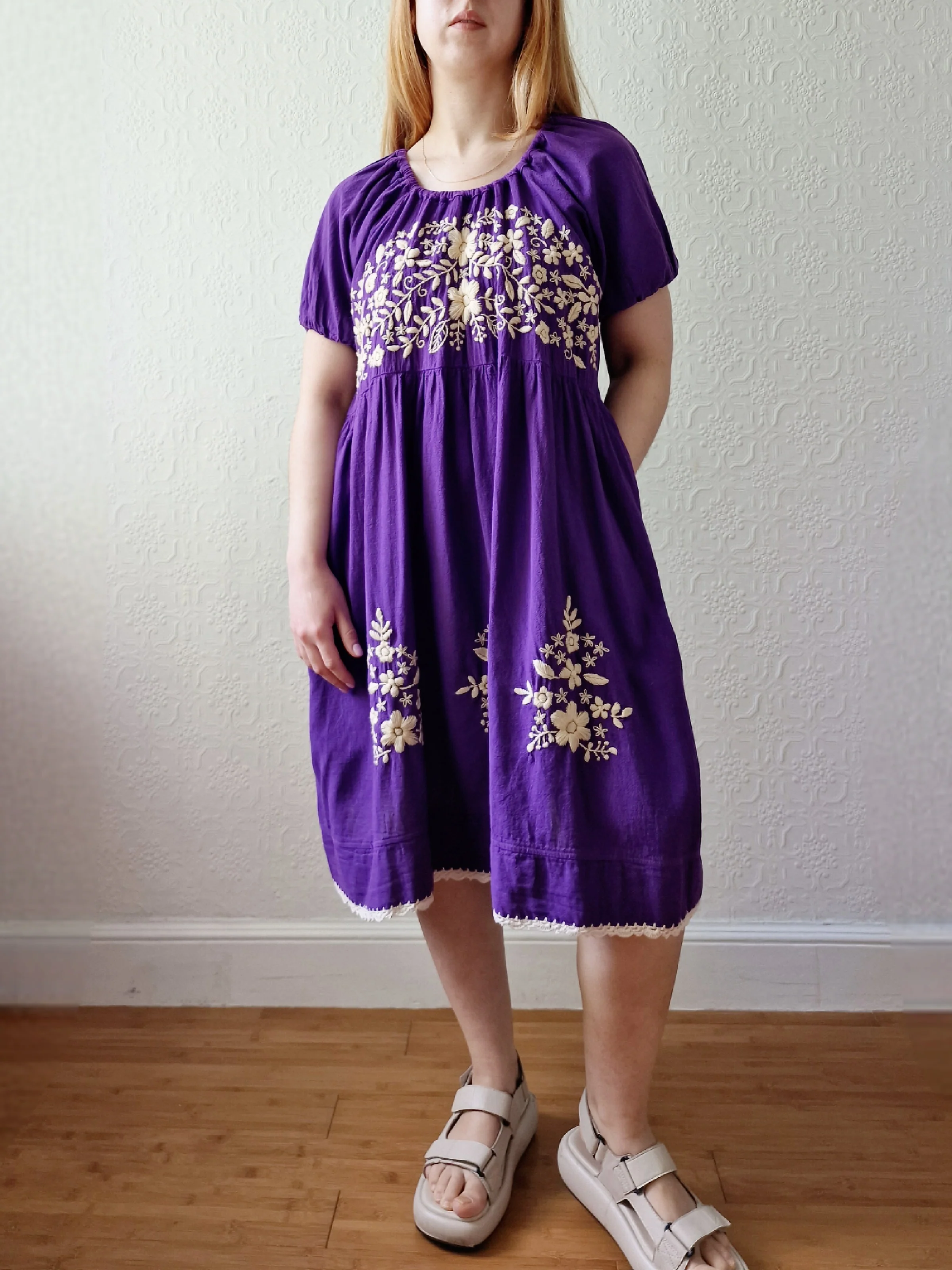 Vintage Purple Folk Style Embroidered Midi Dress with Puff Sleeves - M - Image 7