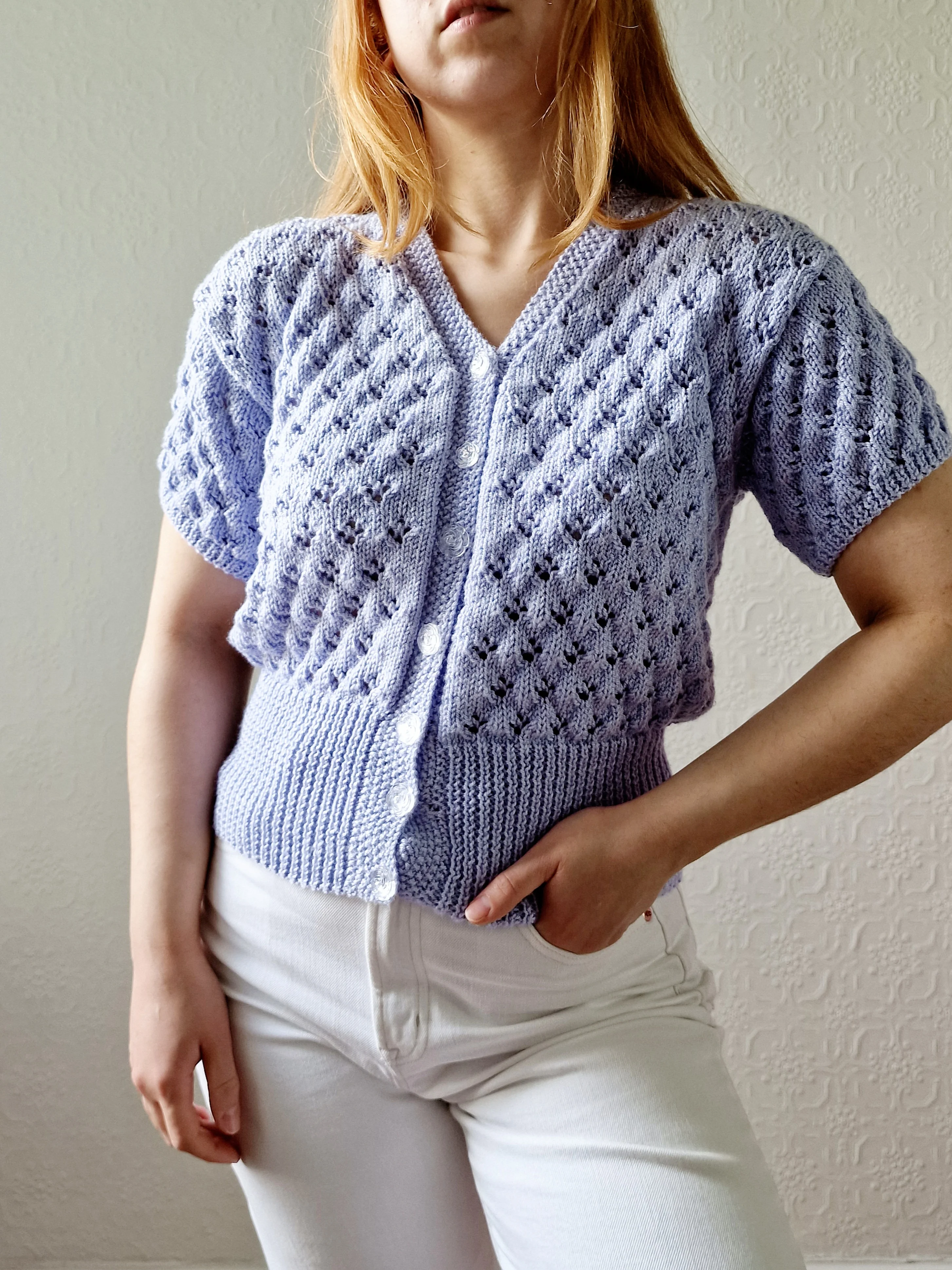 Vintage Purple Knitted Jumper Top with Short Sleeves - XS/S