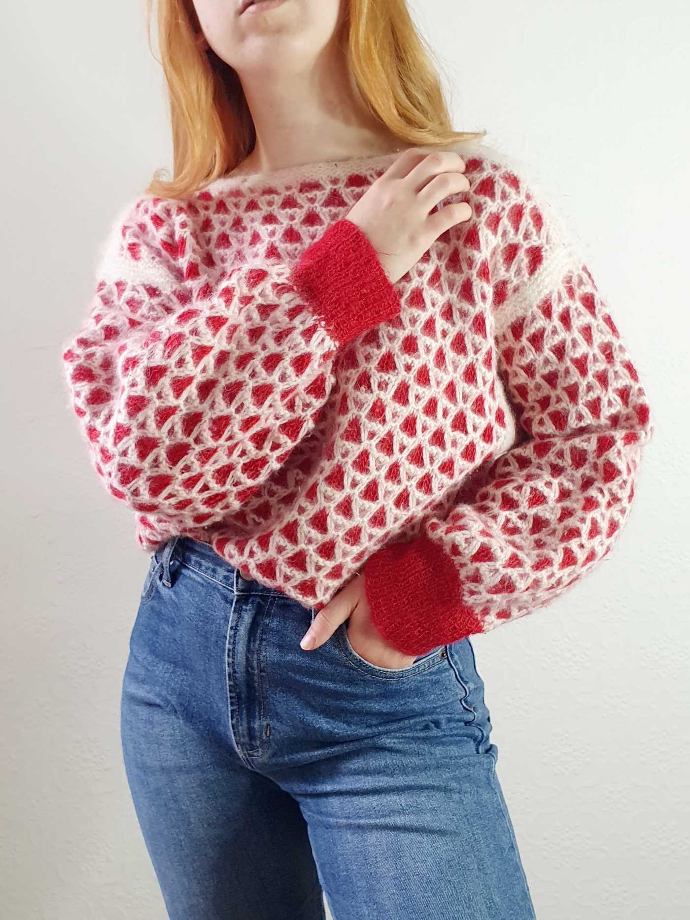 Vintage Red and White Boat Neck Angora Jumper - L/XL - Image 2