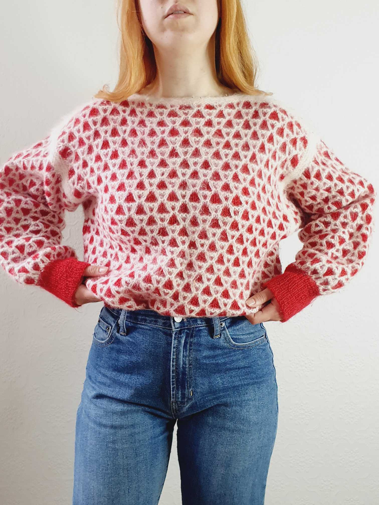 Vintage Red and White Boat Neck Angora Jumper - L/XL - Image 3