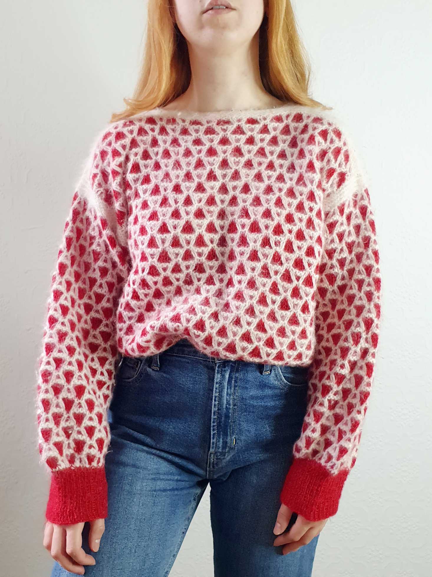 Vintage Red and White Boat Neck Angora Jumper - L/XL - Image 4