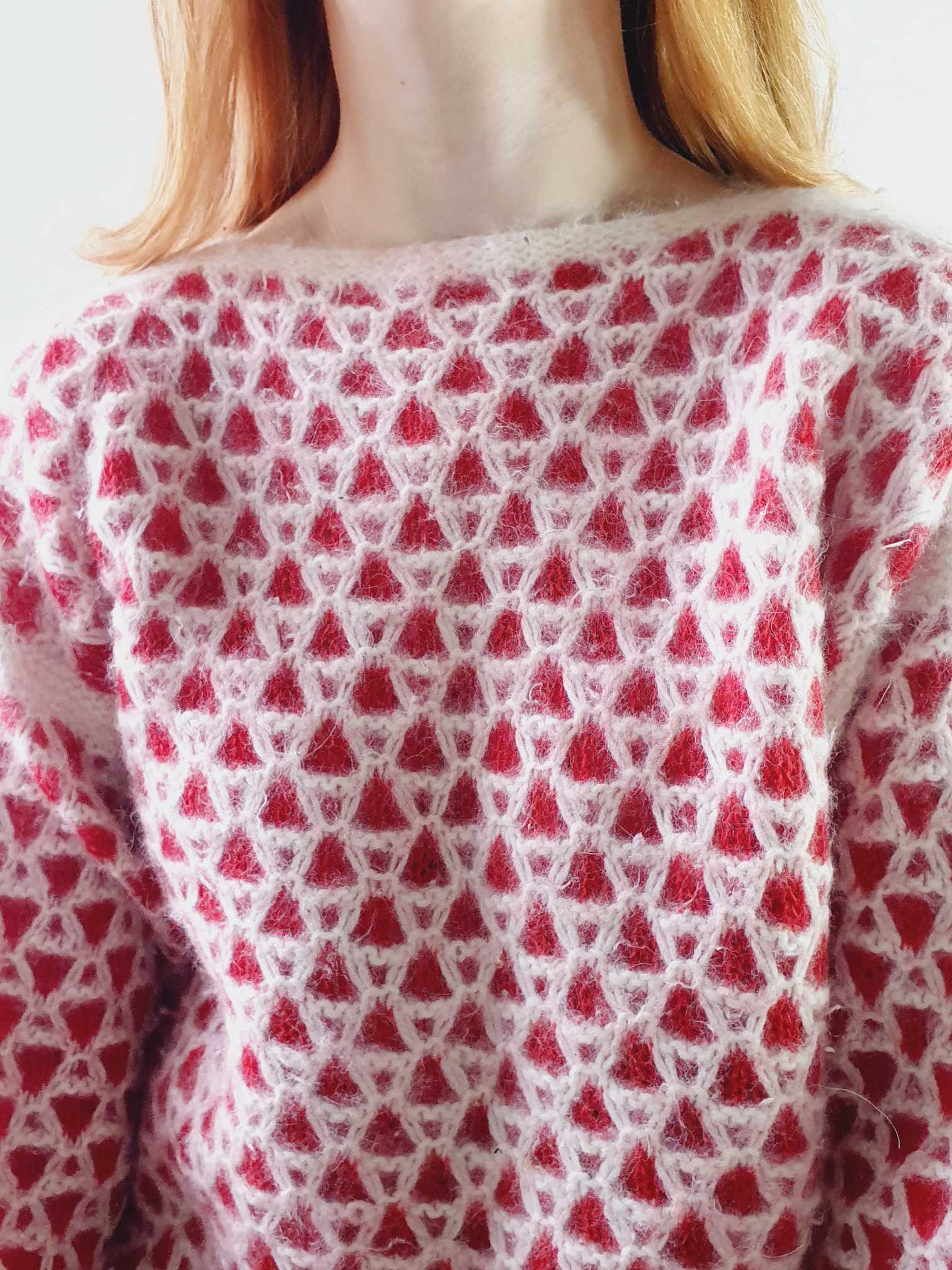 Vintage Red and White Boat Neck Angora Jumper - L/XL - Image 5