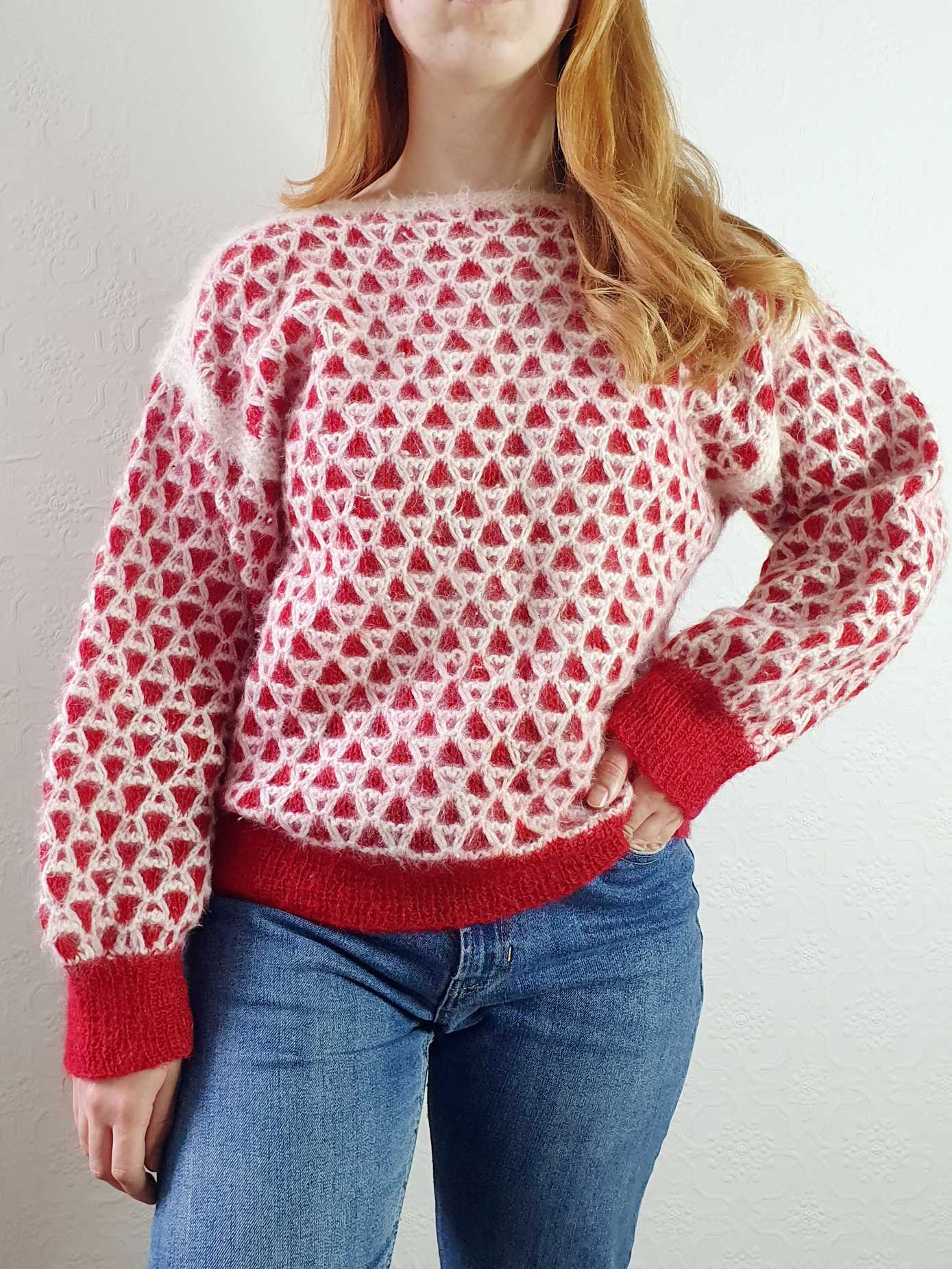 Vintage Red and White Boat Neck Angora Jumper - L/XL - Image 7