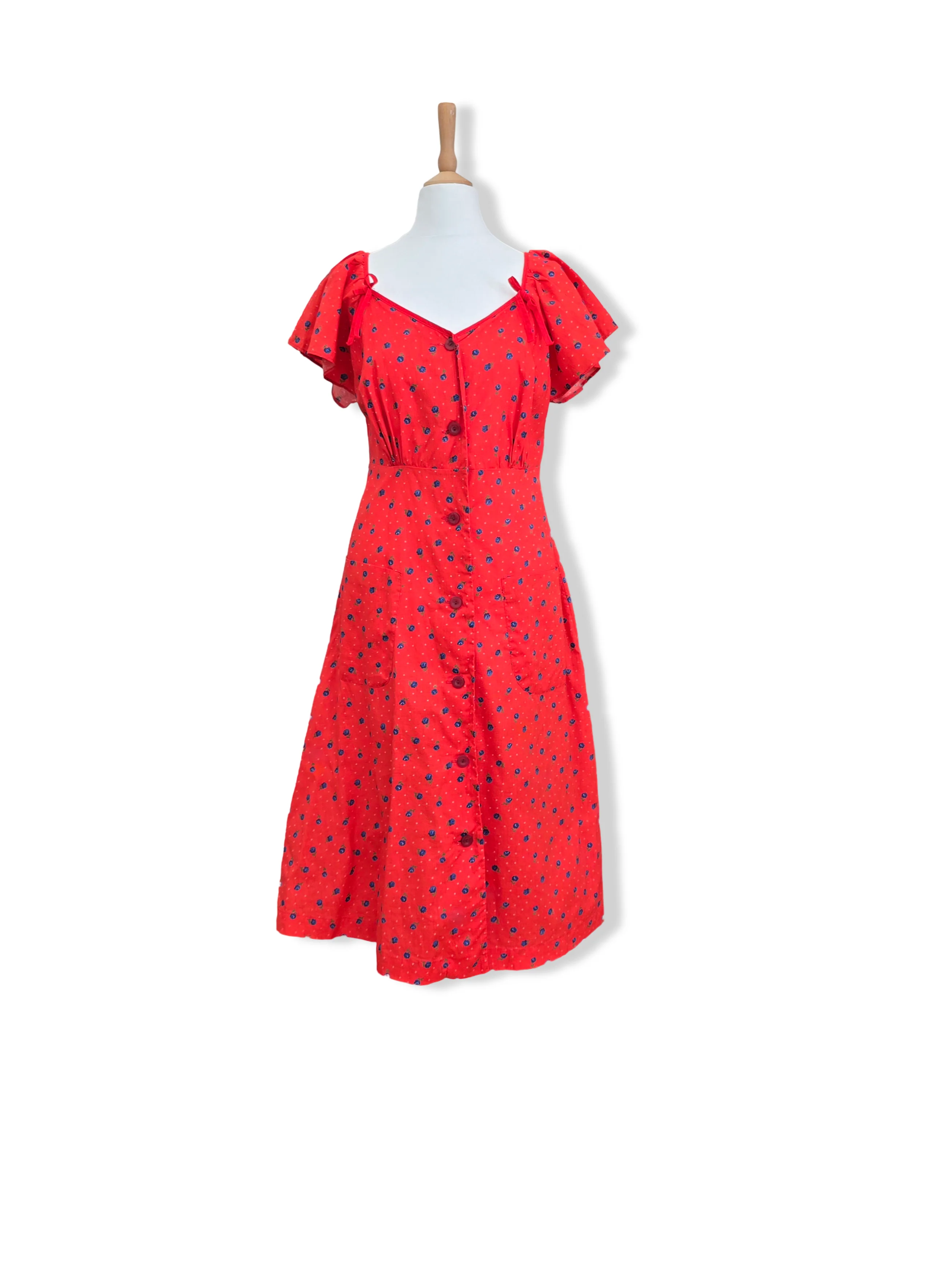 Vintage Red Button Down Floral Print Midi Dress - M