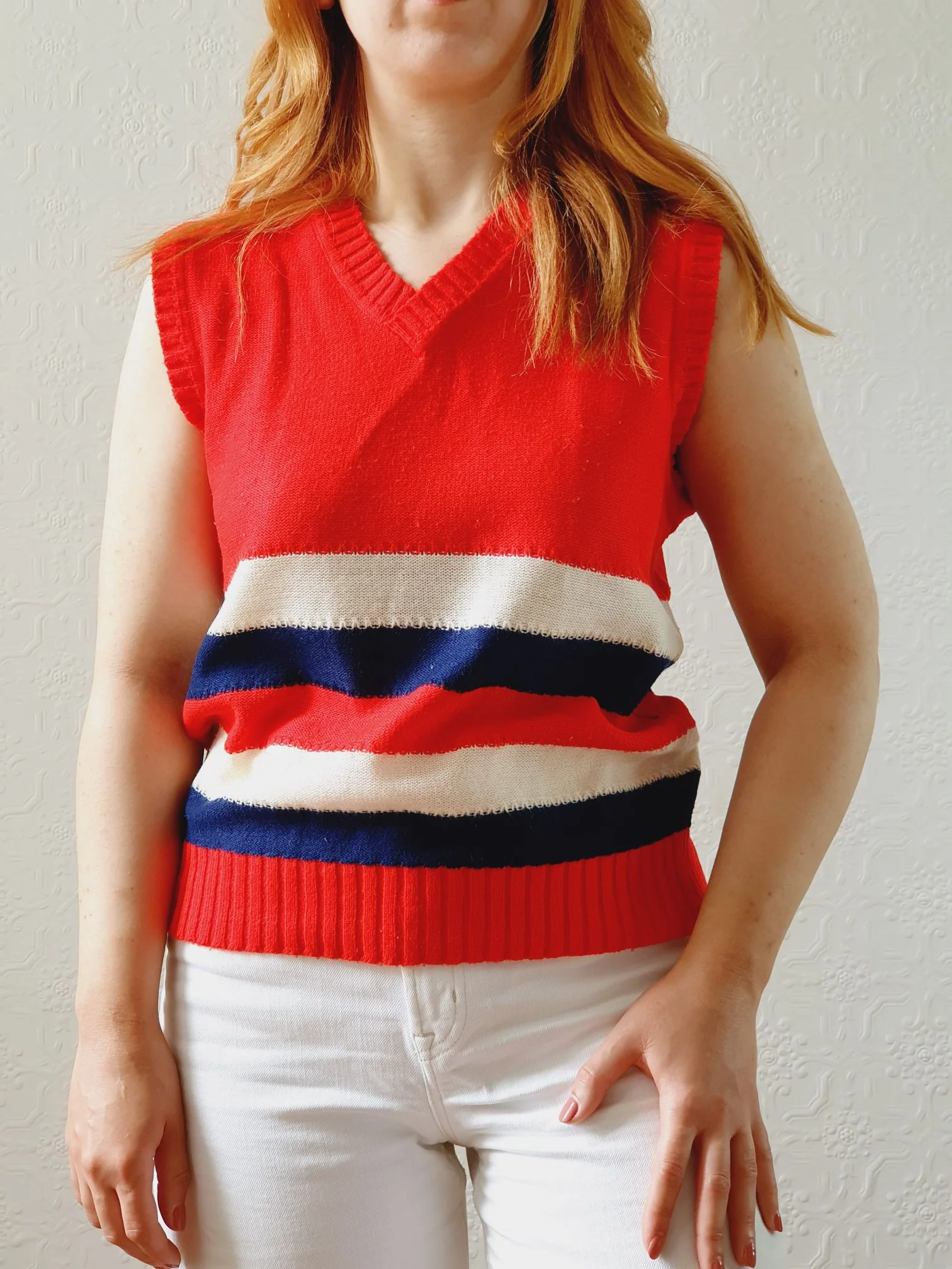 Vintage Red, Cream & Navy V-Neck Vest - S/M