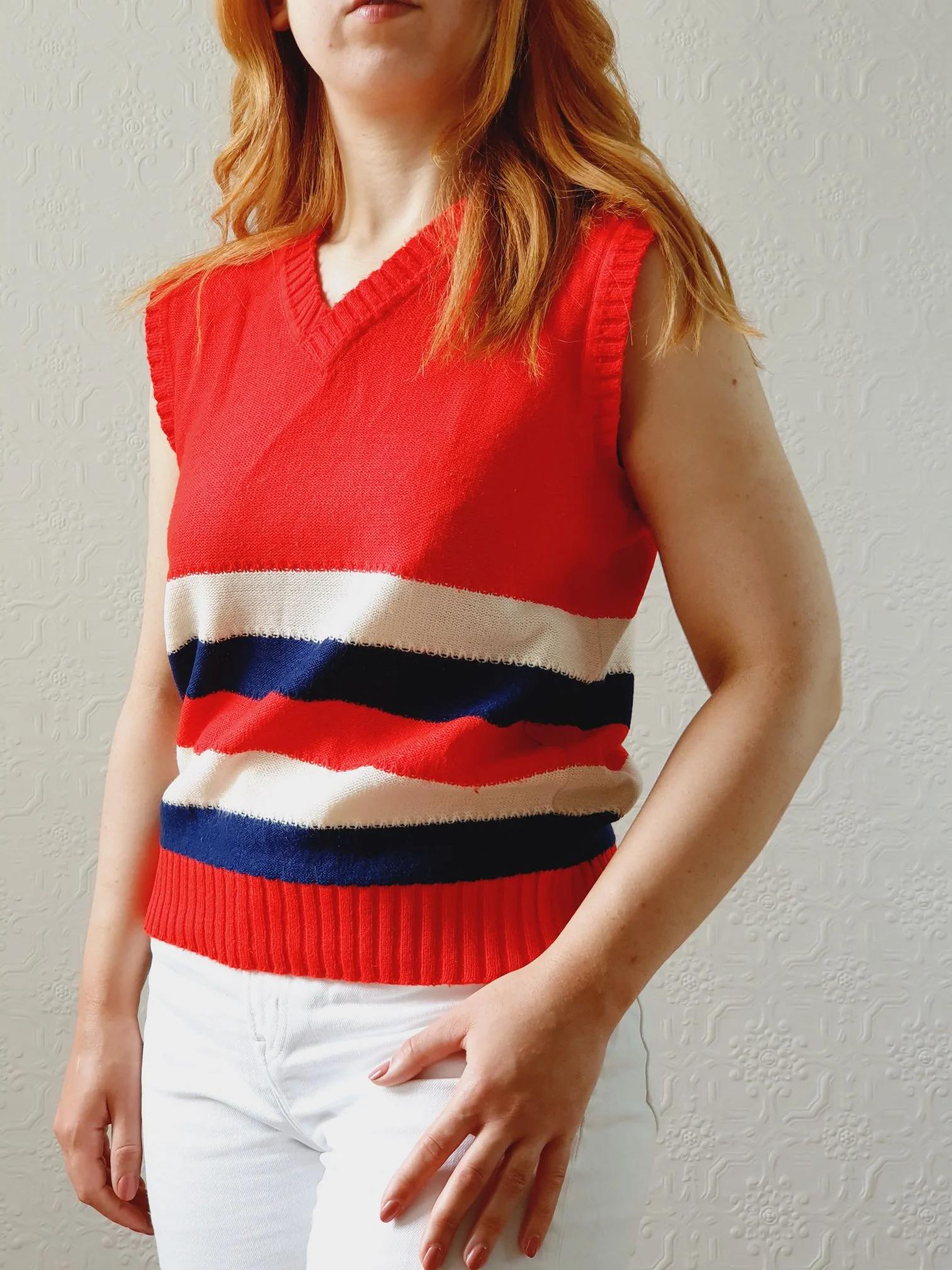 Vintage Red, Cream & Navy V-Neck Vest - S/M - Image 2