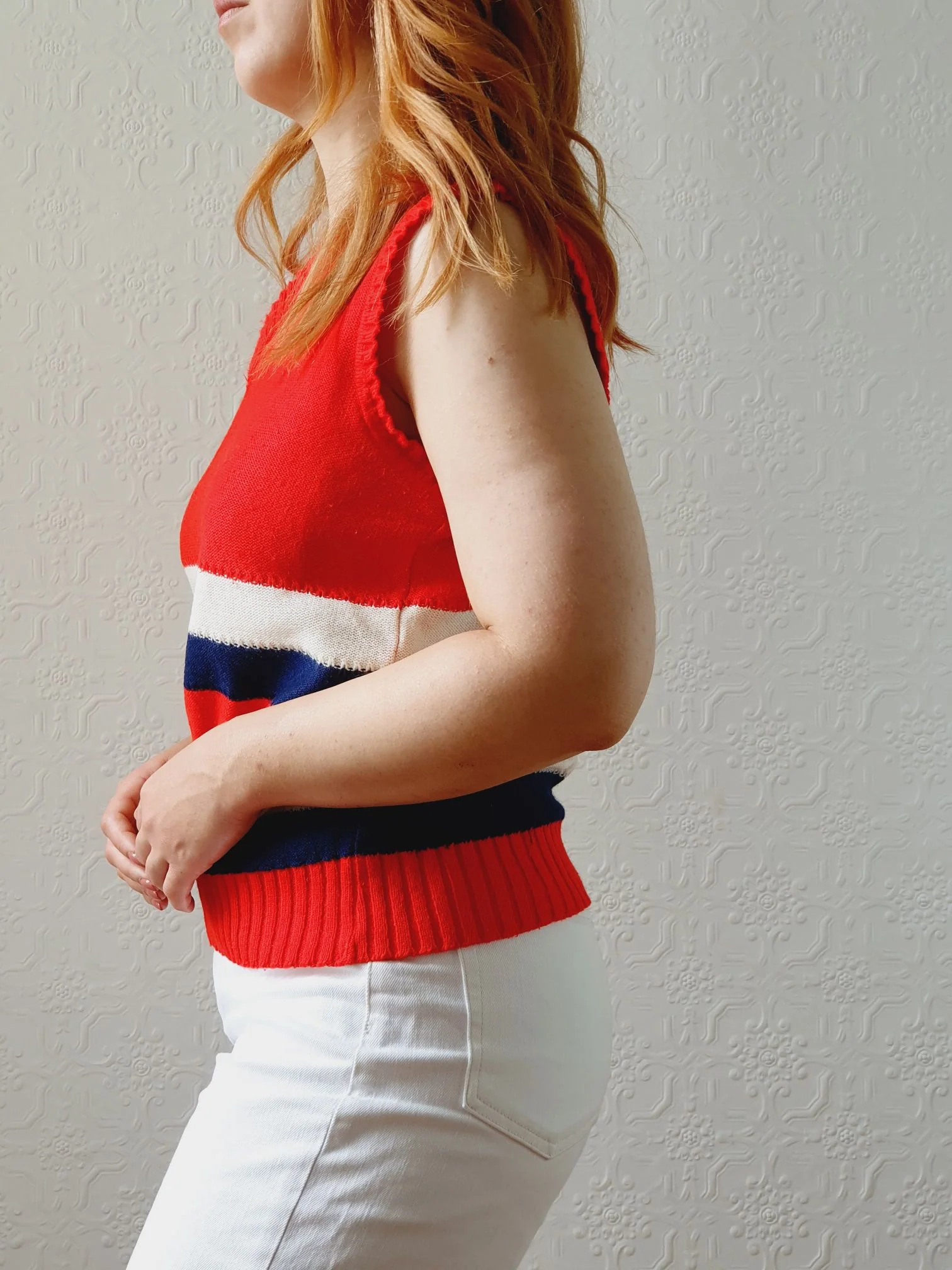 Vintage Red, Cream & Navy V-Neck Vest - S/M - Image 3