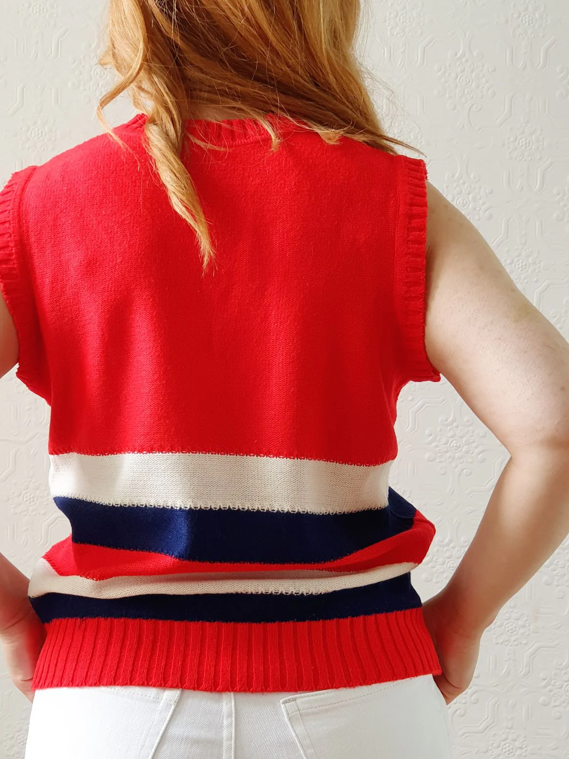 Vintage Red, Cream & Navy V-Neck Vest - S/M - Image 4