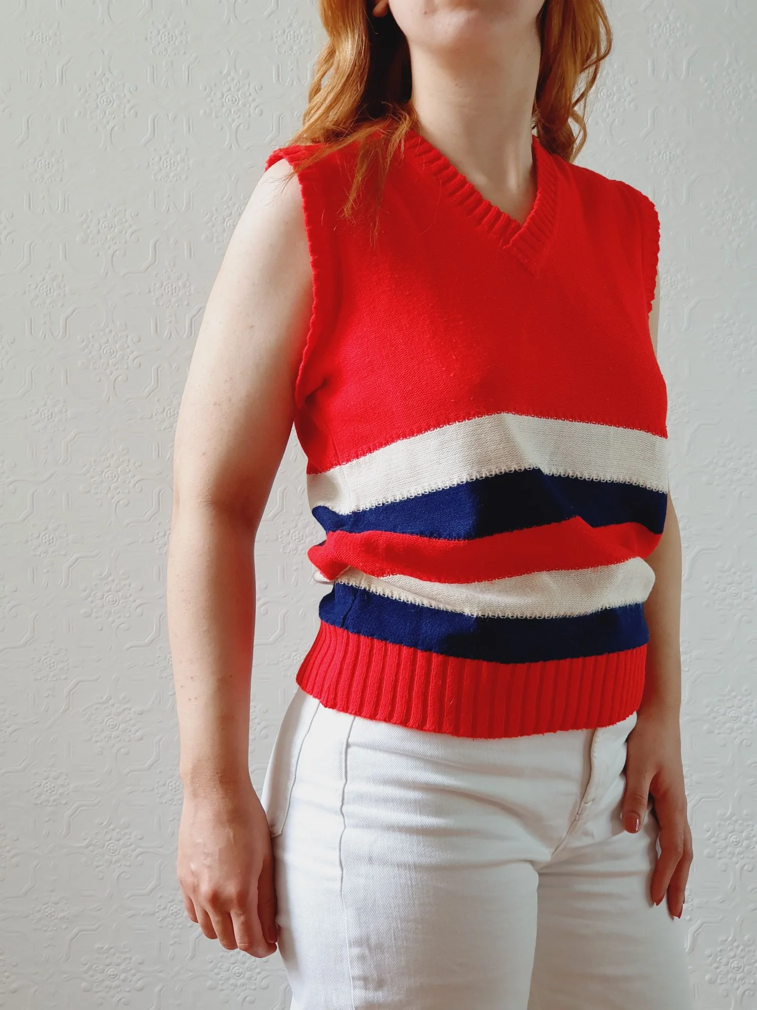 Vintage Red, Cream & Navy V-Neck Vest - S/M - Image 5
