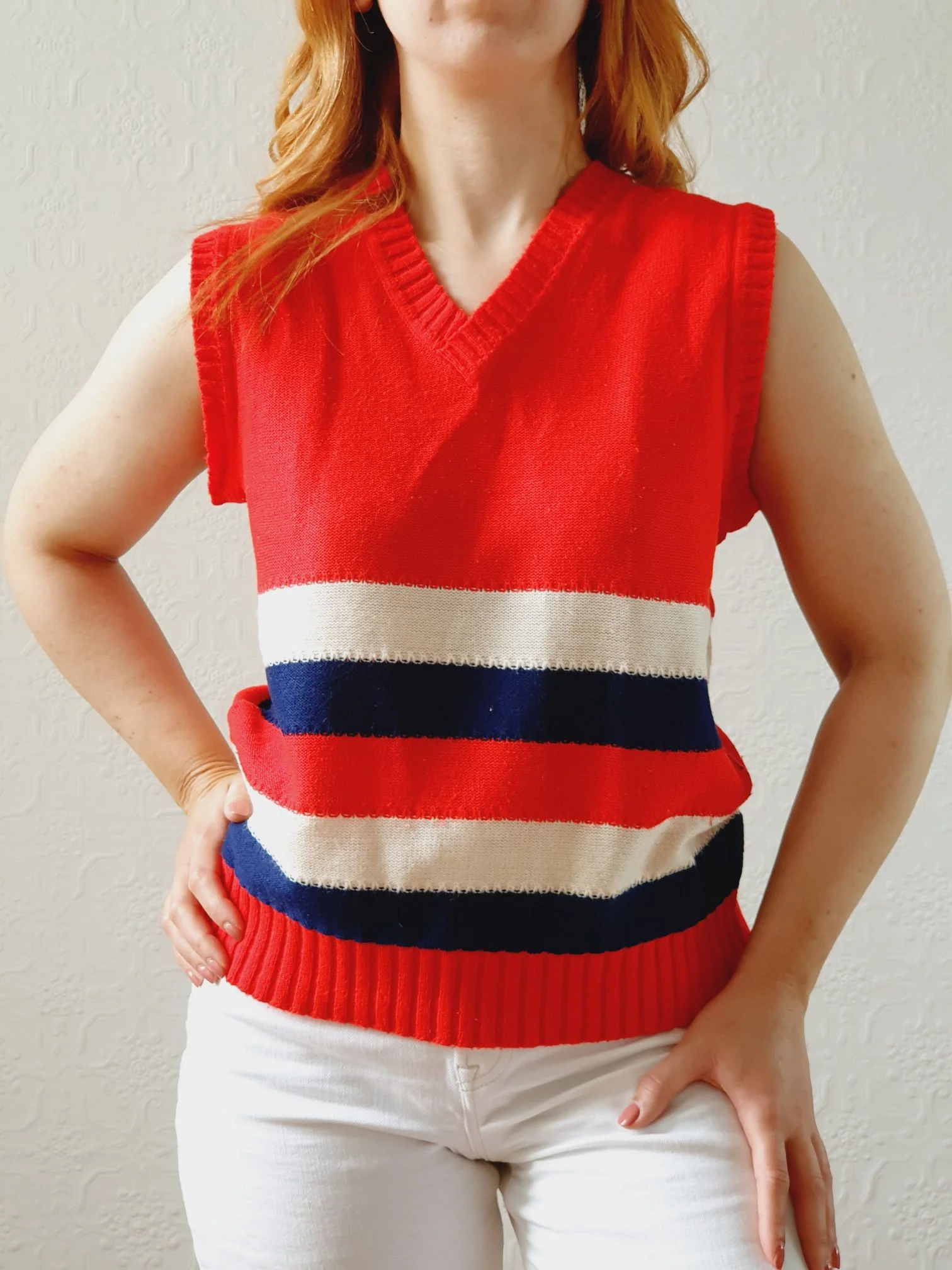 Vintage Red, Cream & Navy V-Neck Vest - S/M - Image 6