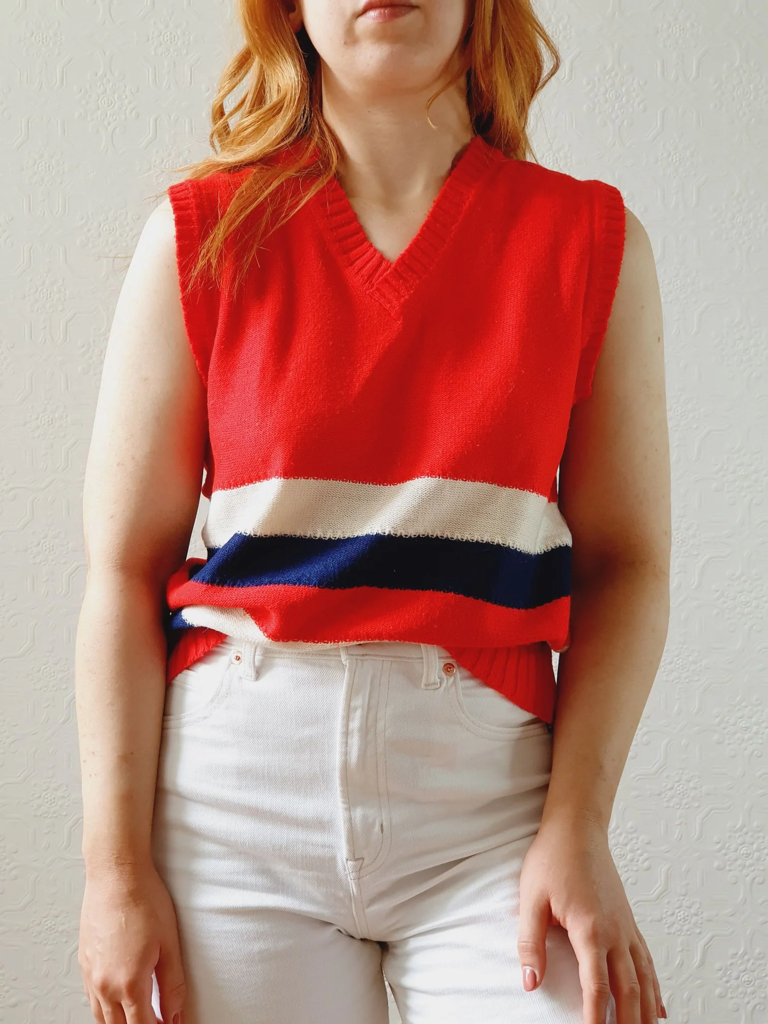Vintage Red, Cream & Navy V-Neck Vest - S/M - Image 8