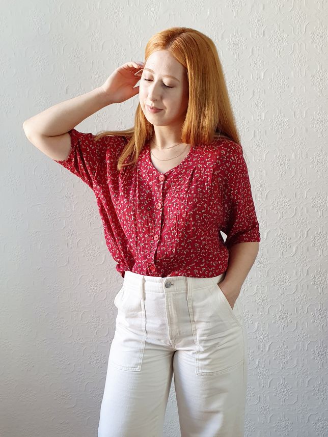 Vintage Red Floral Blouse - L