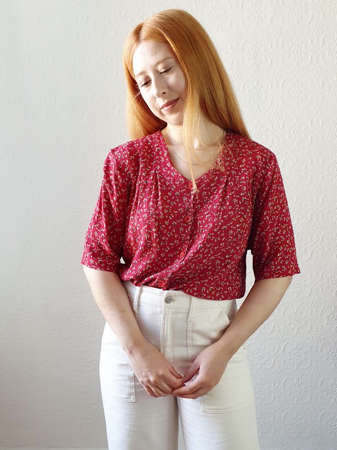 Vintage Red Floral Blouse - L - Image 3