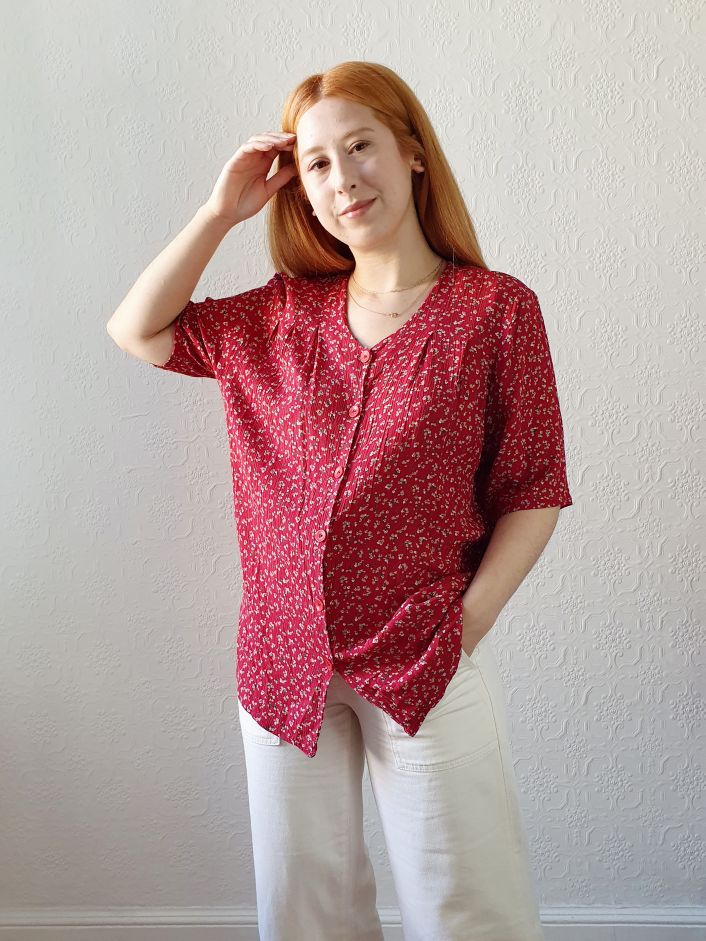 Vintage Red Floral Blouse - L - Image 4
