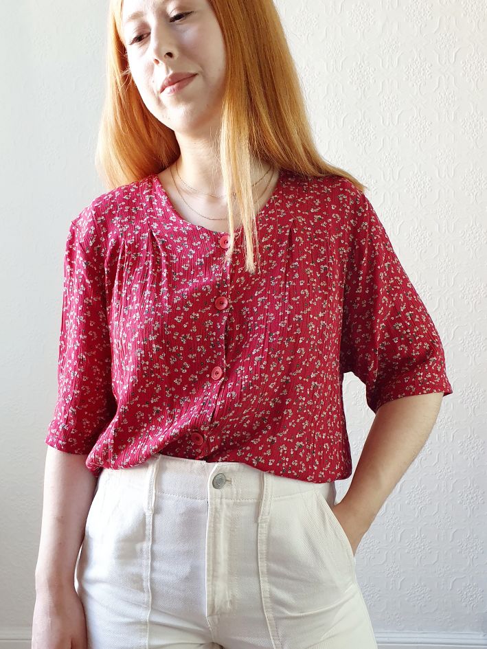 Vintage Red Floral Blouse - L - Image 5