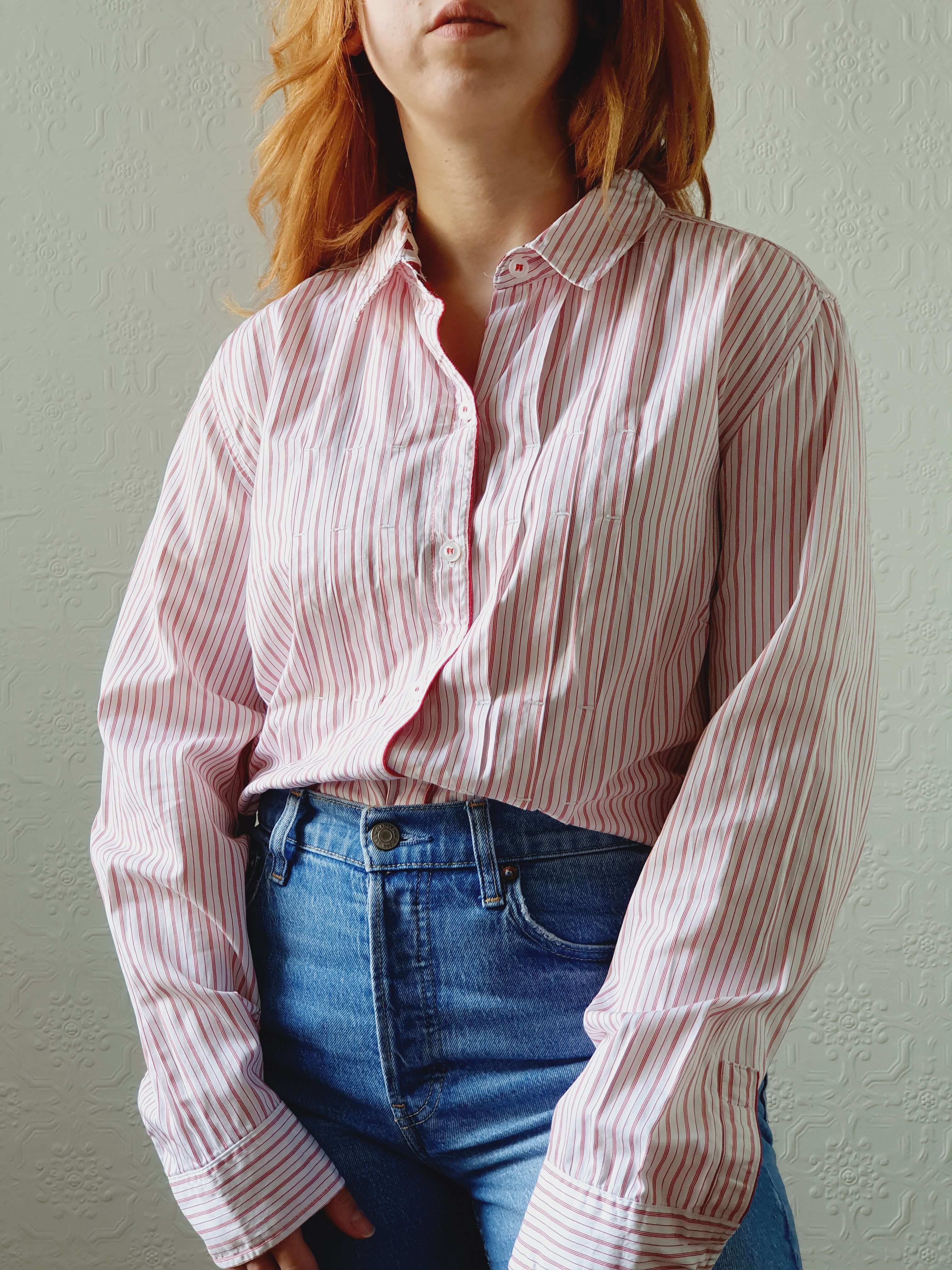 Vintage Red Striped Cotton Blouse - L/XL