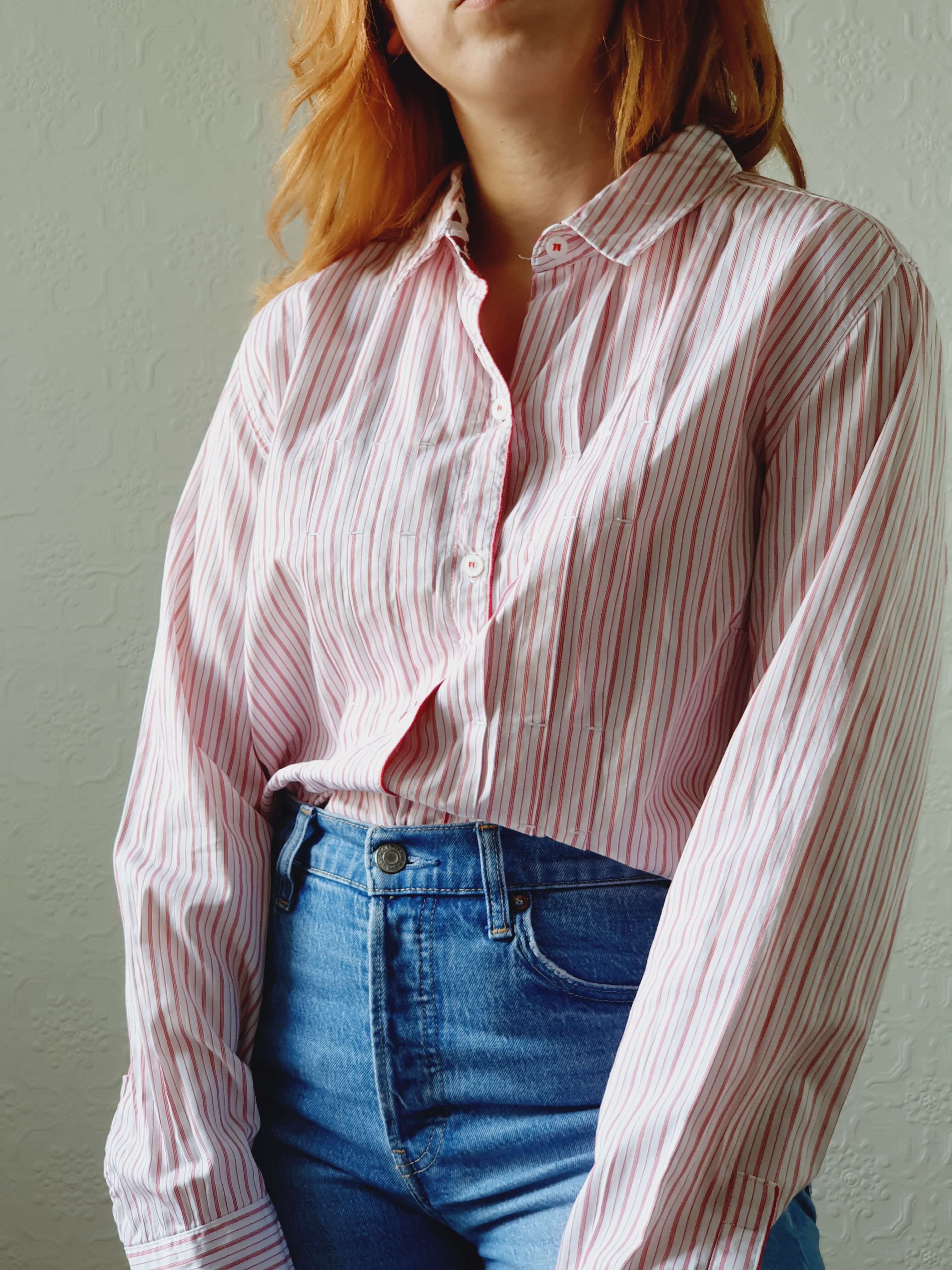 Vintage Red Striped Cotton Blouse - L/XL - Image 2