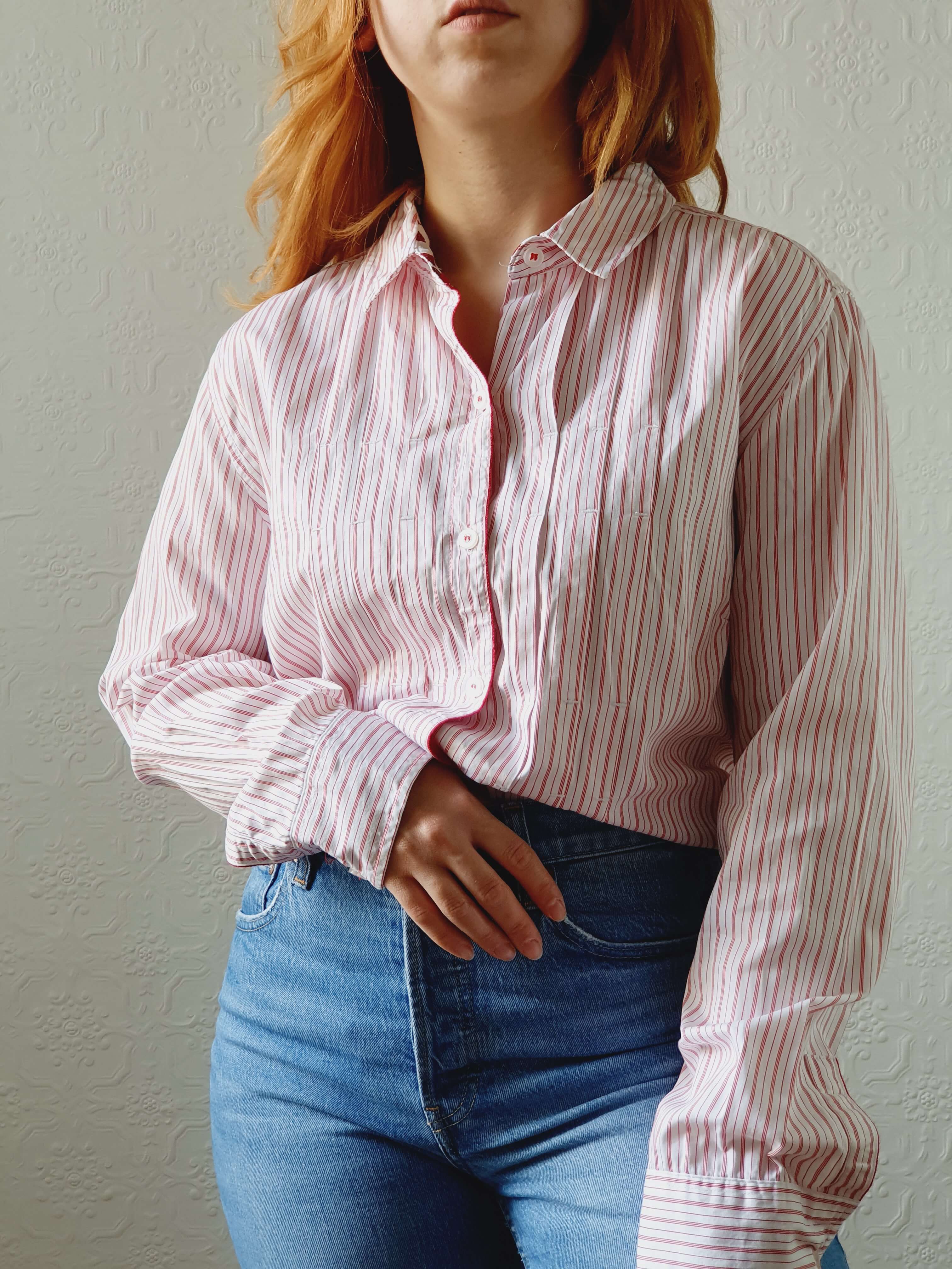 Vintage Red Striped Cotton Blouse - L/XL - Image 3
