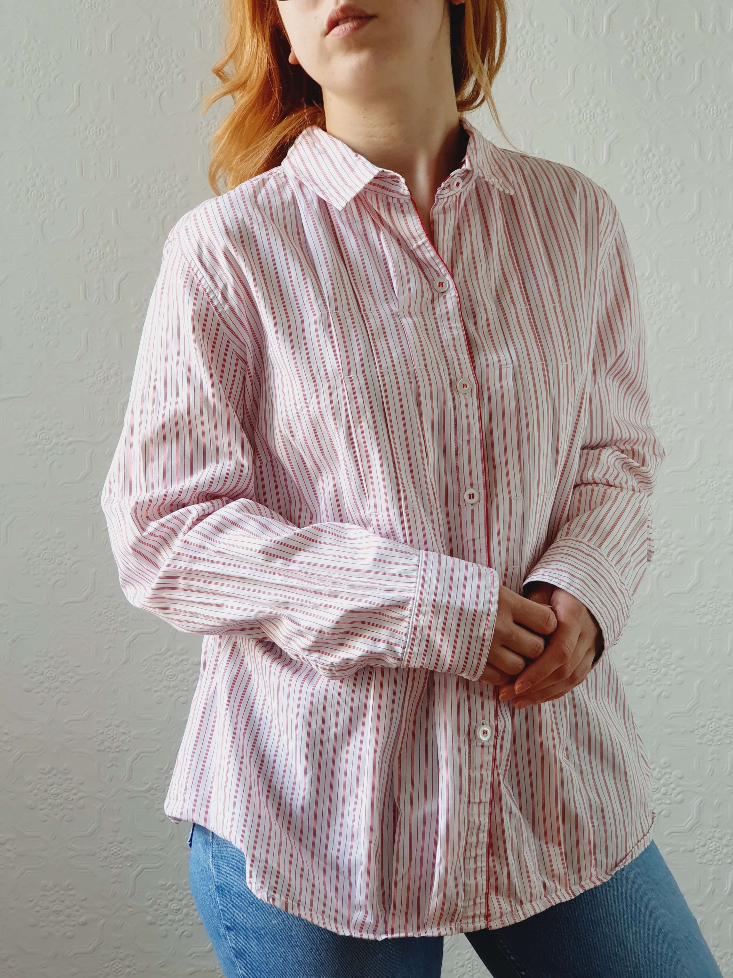 Vintage Red Striped Cotton Blouse - L/XL - Image 4