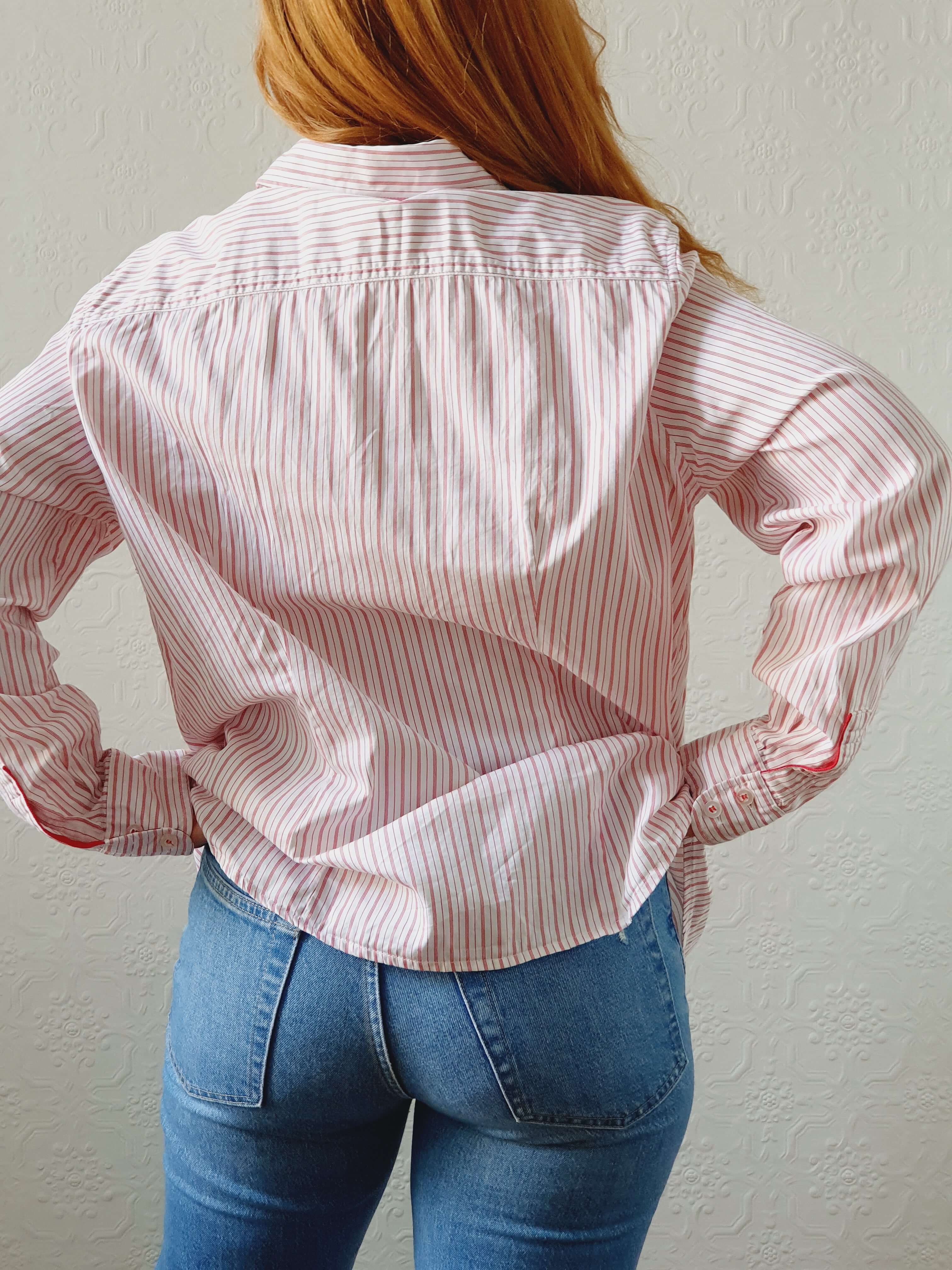 Vintage Red Striped Cotton Blouse - L/XL - Image 5