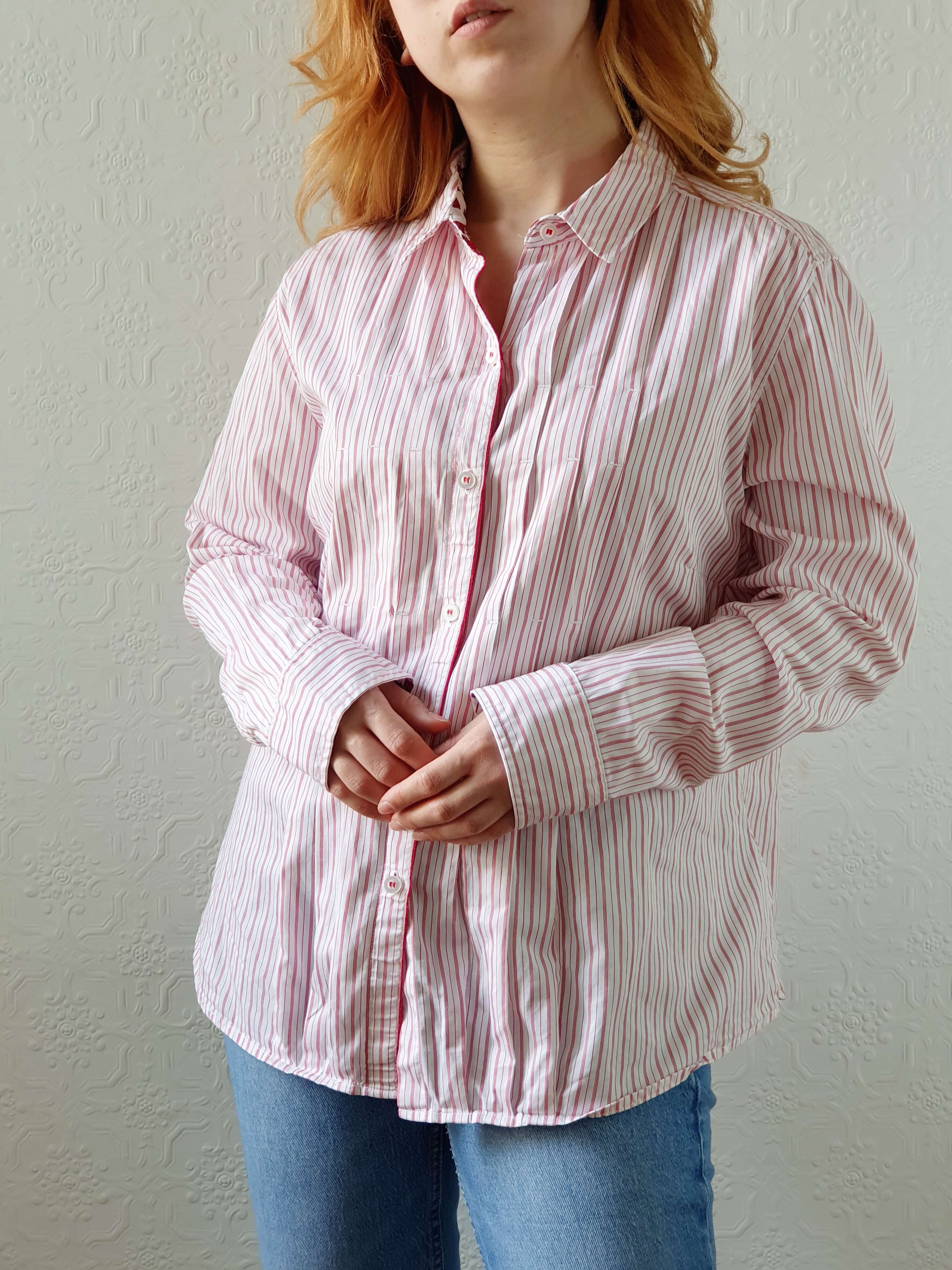 Vintage Red Striped Cotton Blouse - L/XL - Image 6