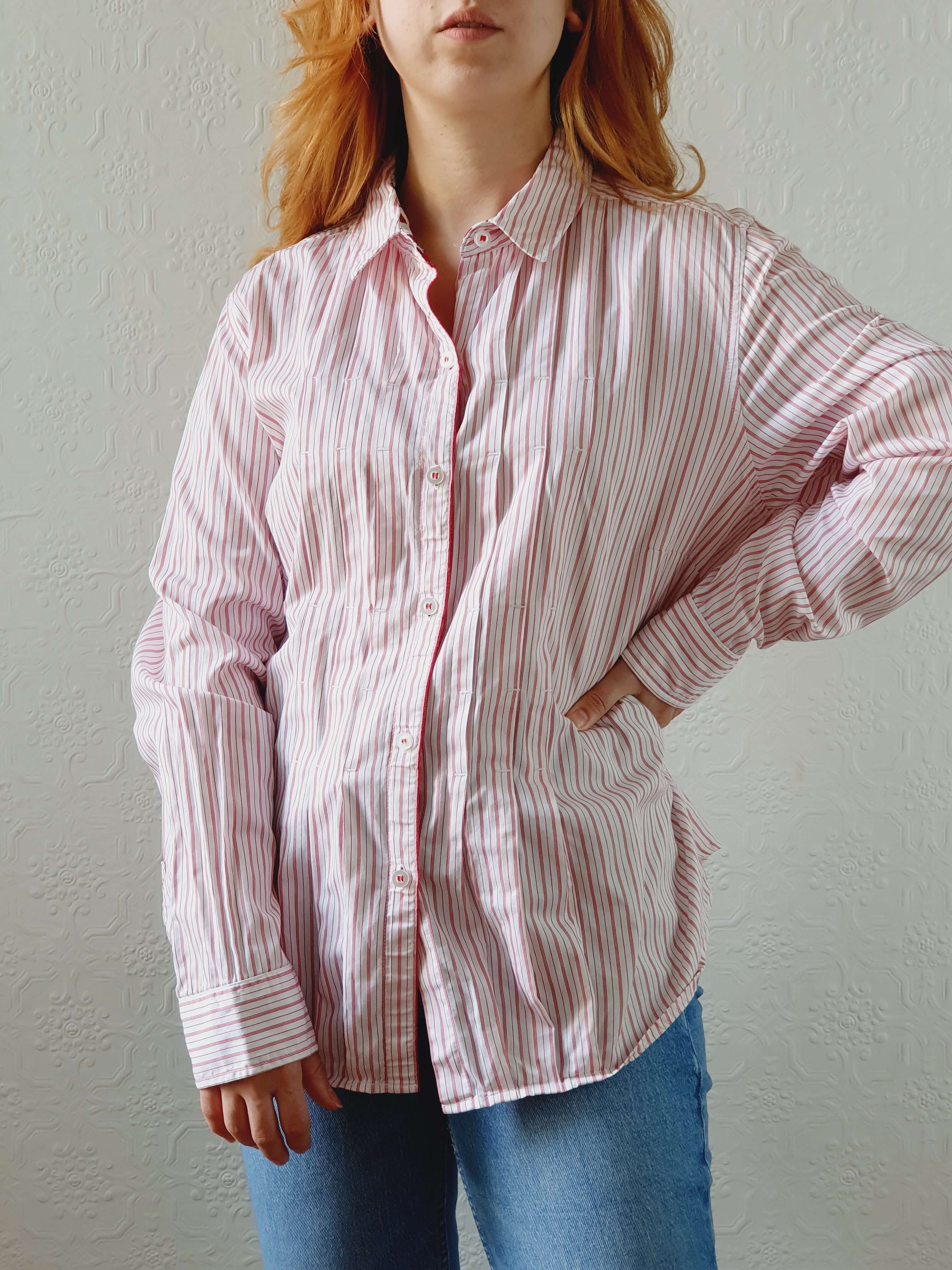 Vintage Red Striped Cotton Blouse - L/XL - Image 7