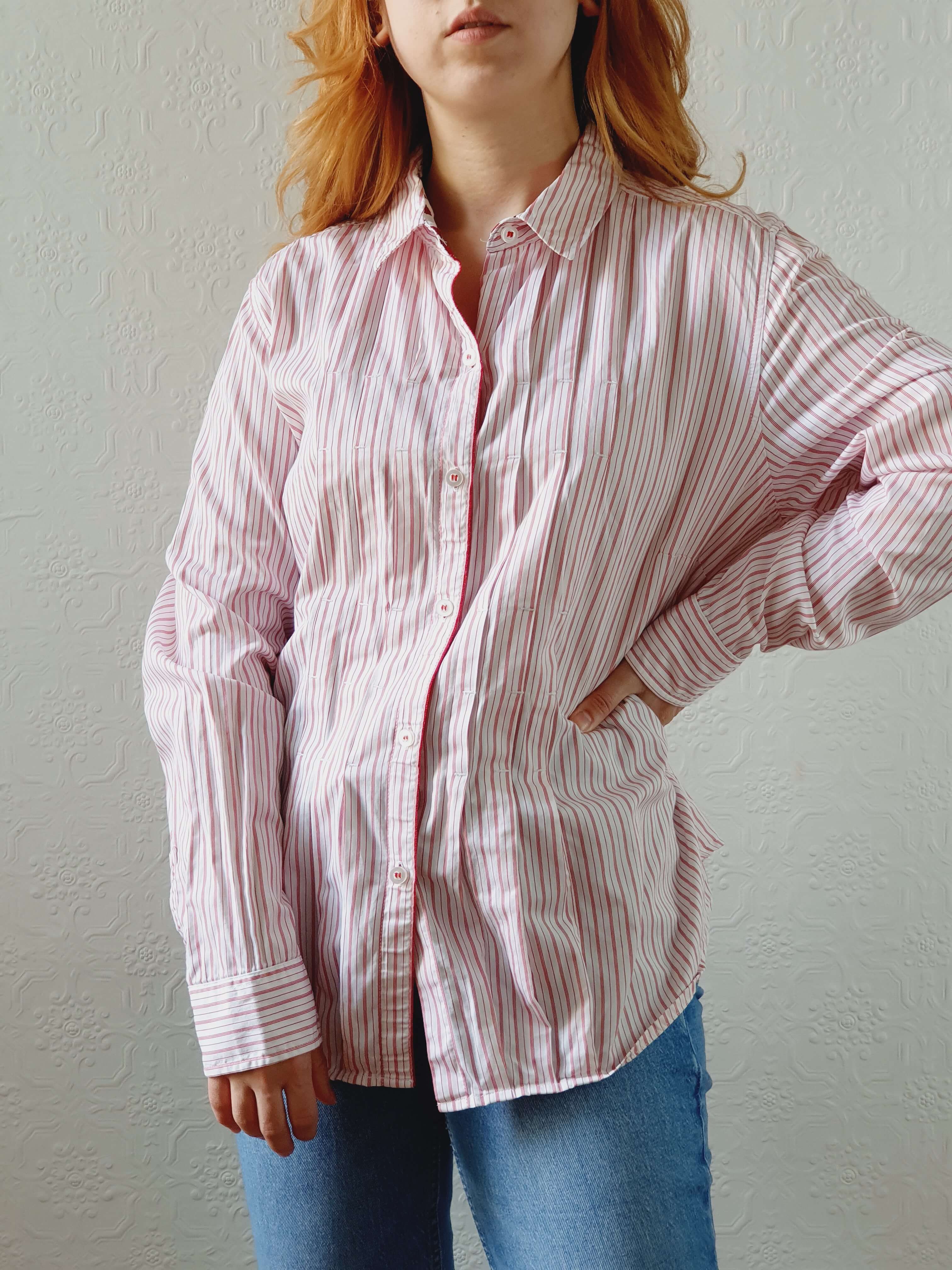 Vintage Red Striped Cotton Blouse - L/XL - Image 8