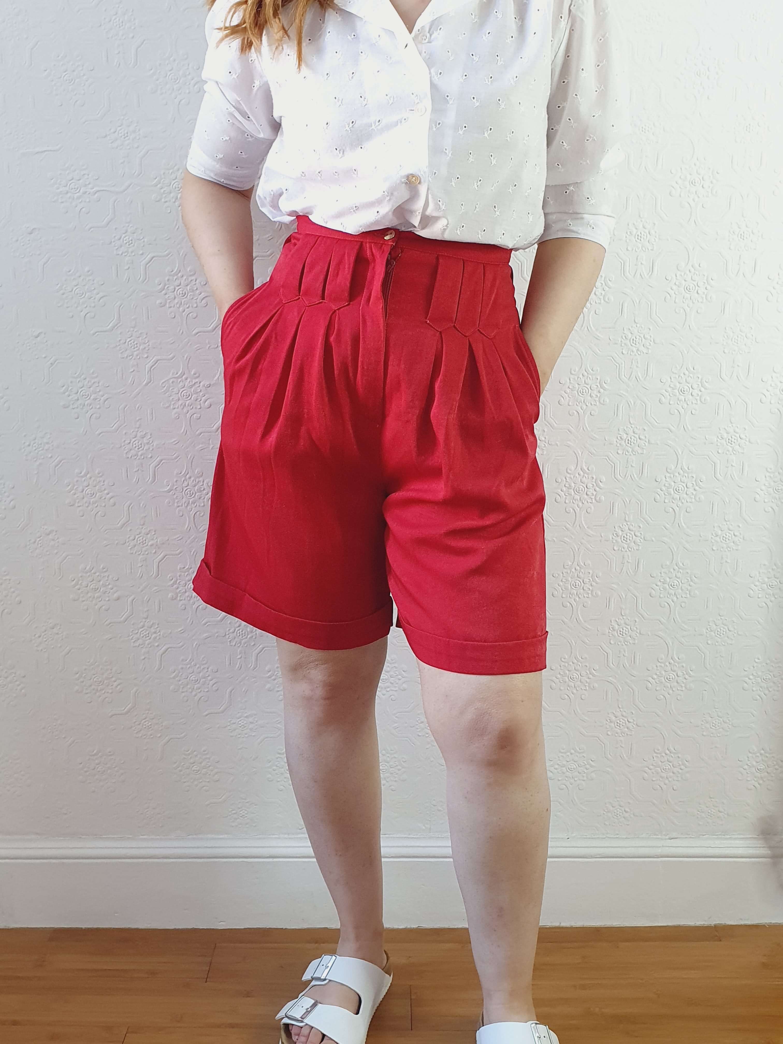 Vintage Red Velour Effect High Waisted Shorts - XS