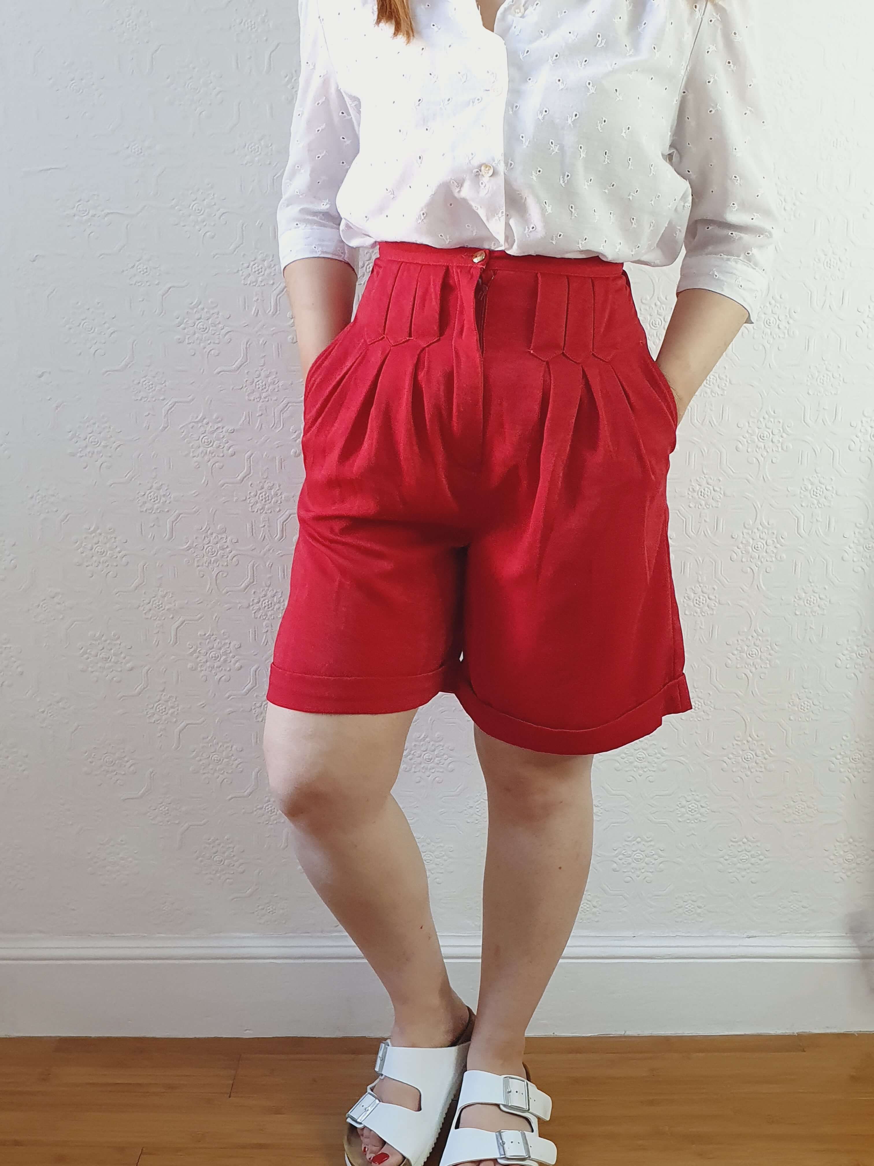 Vintage Red Velour Effect High Waisted Shorts - XS - Image 3