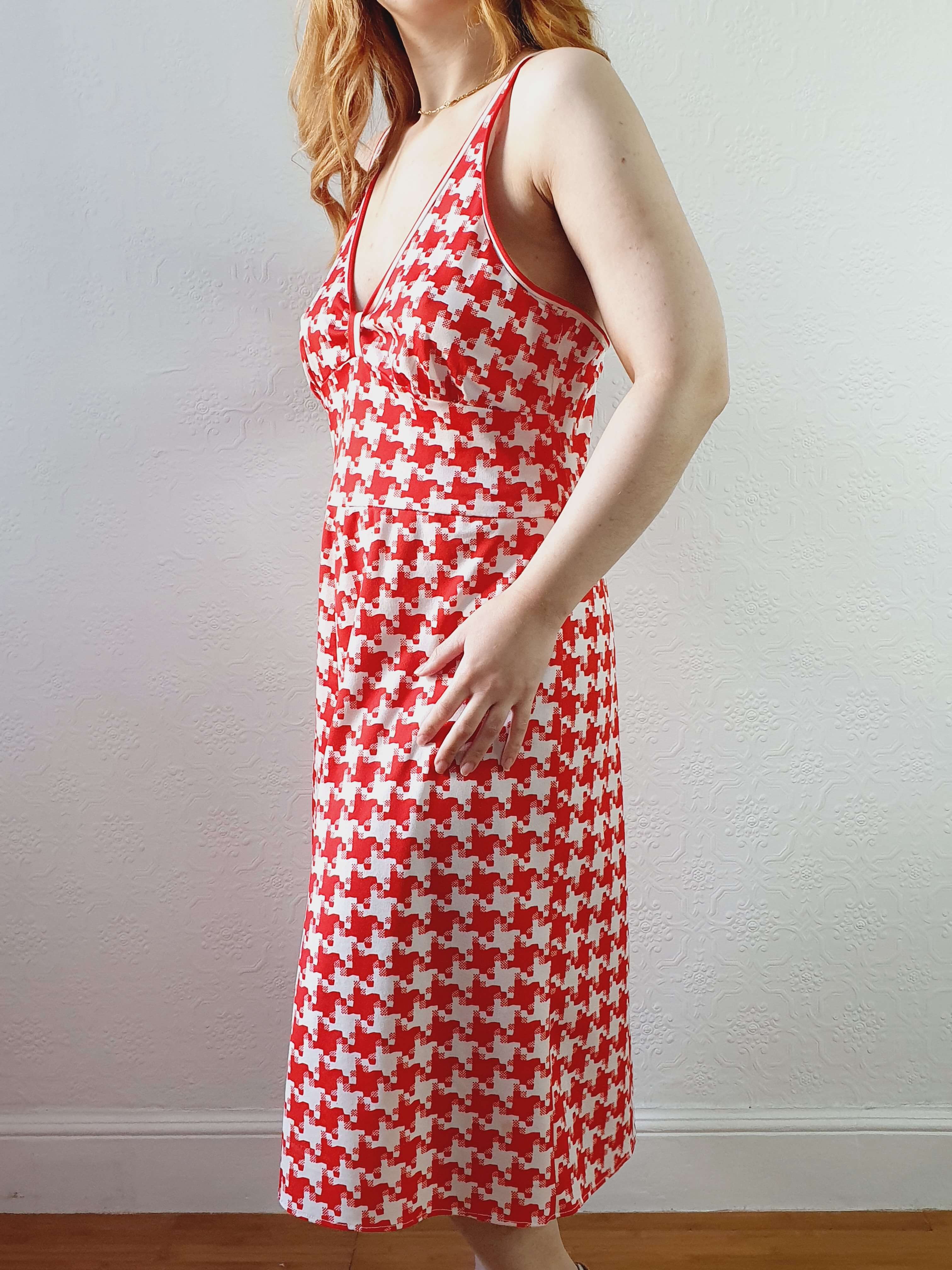 Vintage Red & White Houndstooth Sleeveless Dress - M - Image 2