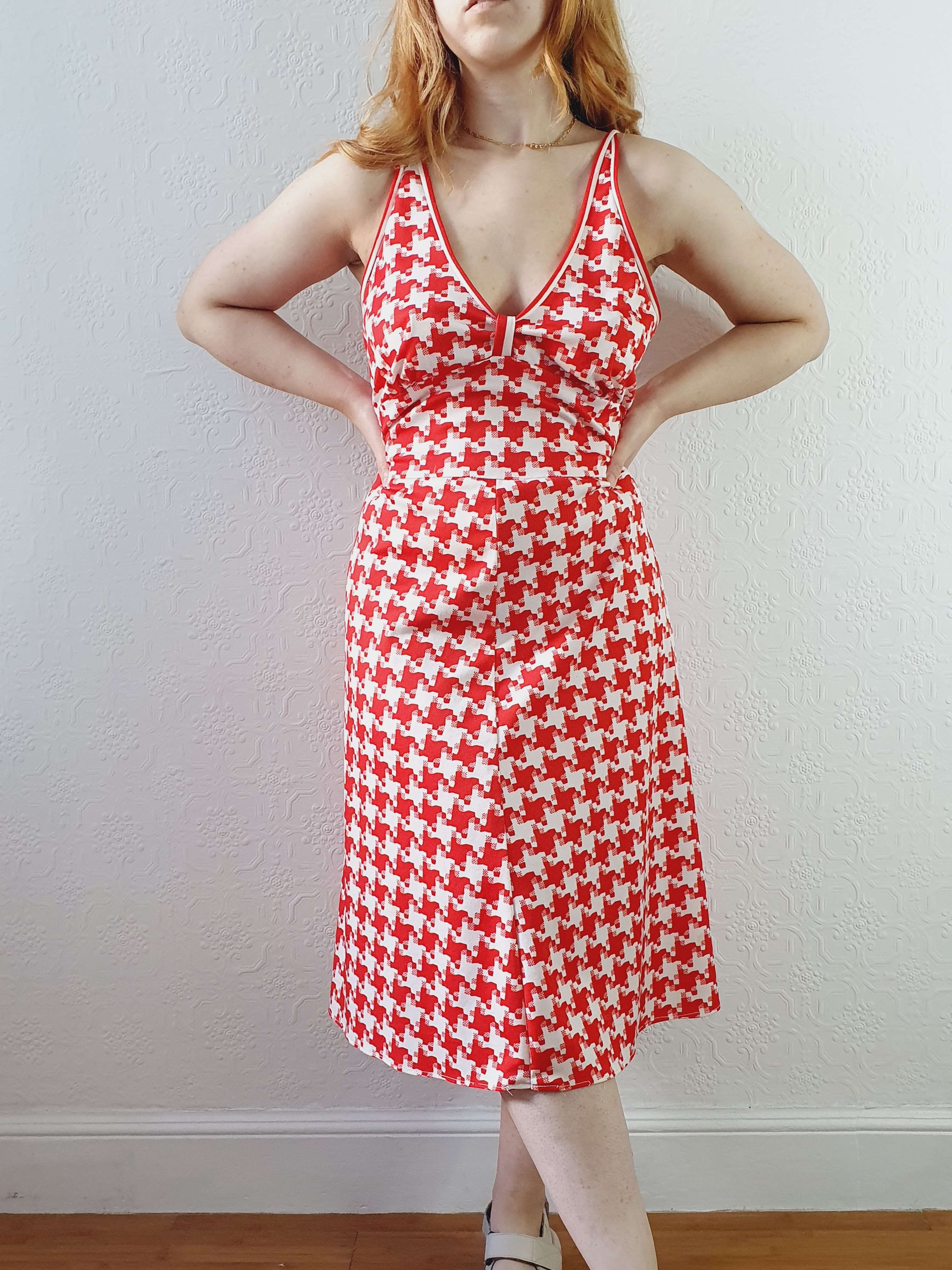 Vintage Red & White Houndstooth Sleeveless Dress - M - Image 3