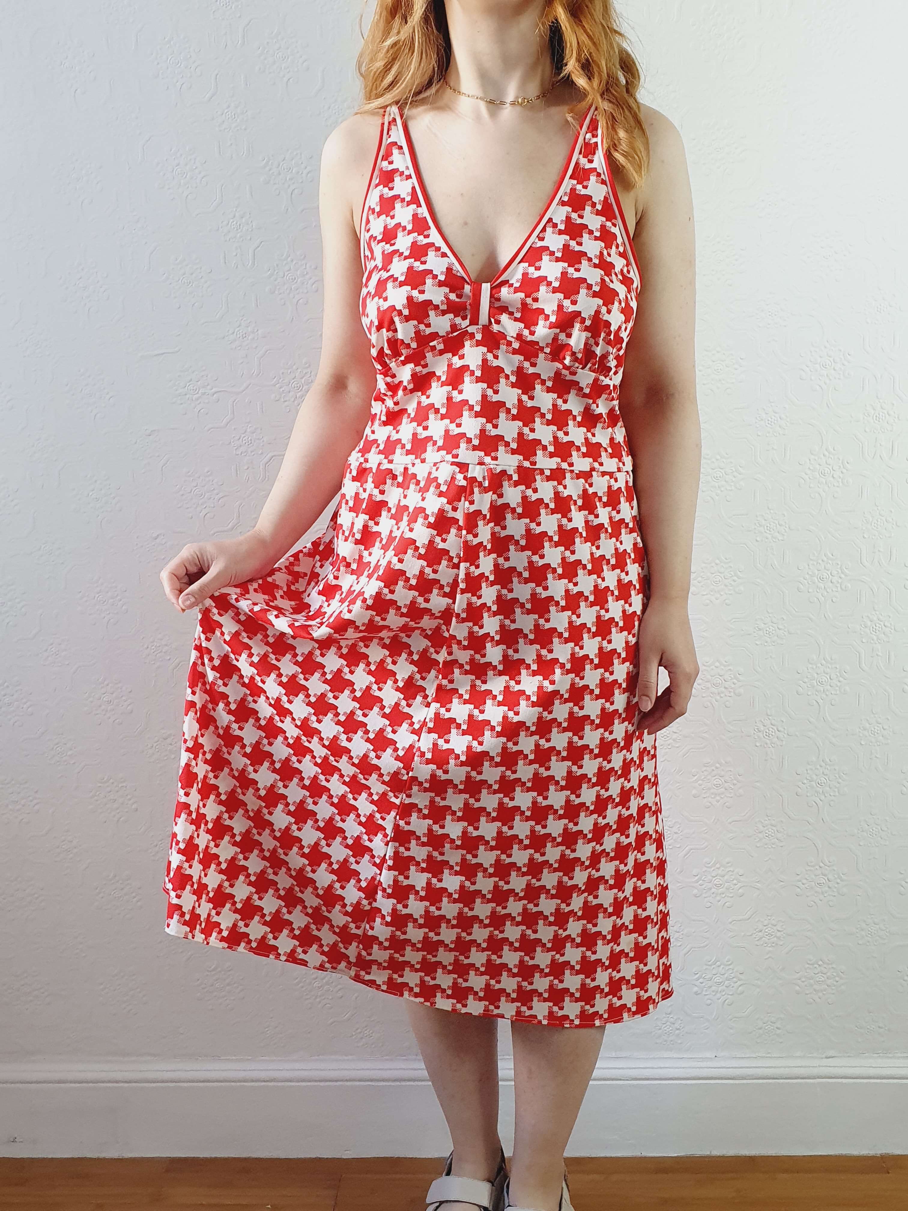Vintage Red & White Houndstooth Sleeveless Dress - M - Image 5