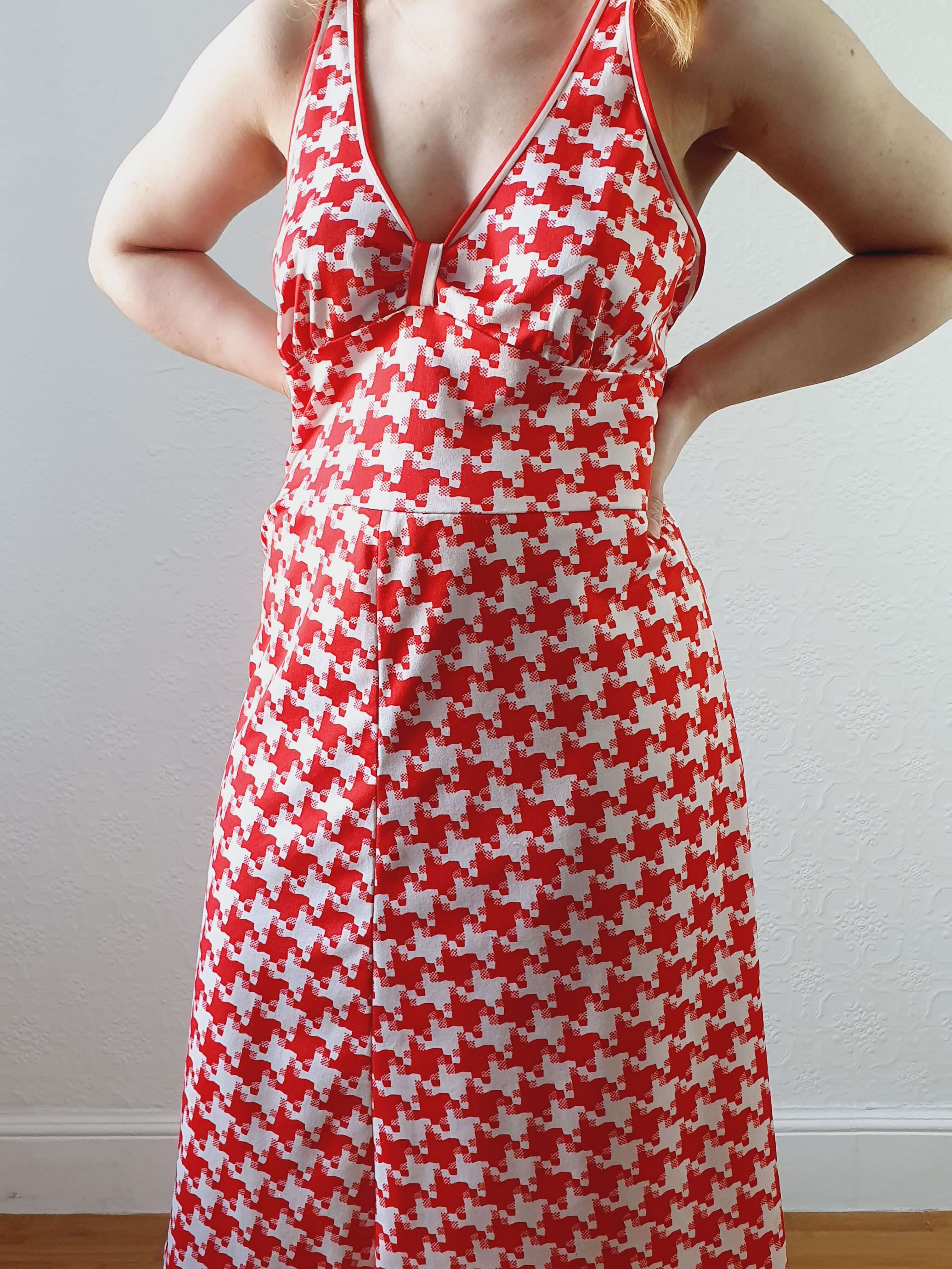 Vintage Red & White Houndstooth Sleeveless Dress - M - Image 6