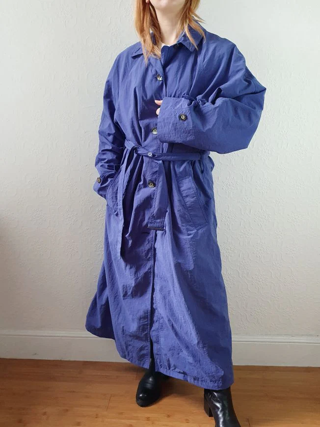 Vintage Royal Blue Single Breasted Trench Coat - L/XL - Image 4