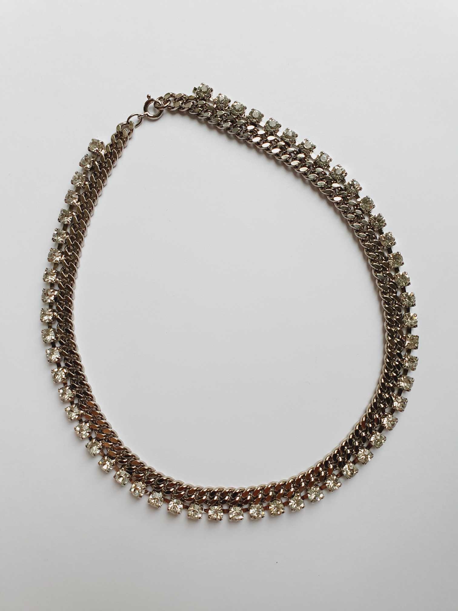Vintage Silver Chunky Chain Necklace with Clear Crystals