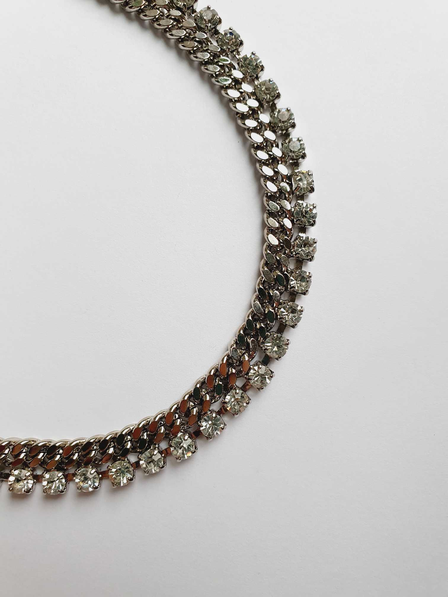 Vintage Silver Chunky Chain Necklace with Clear Crystals - Image 2