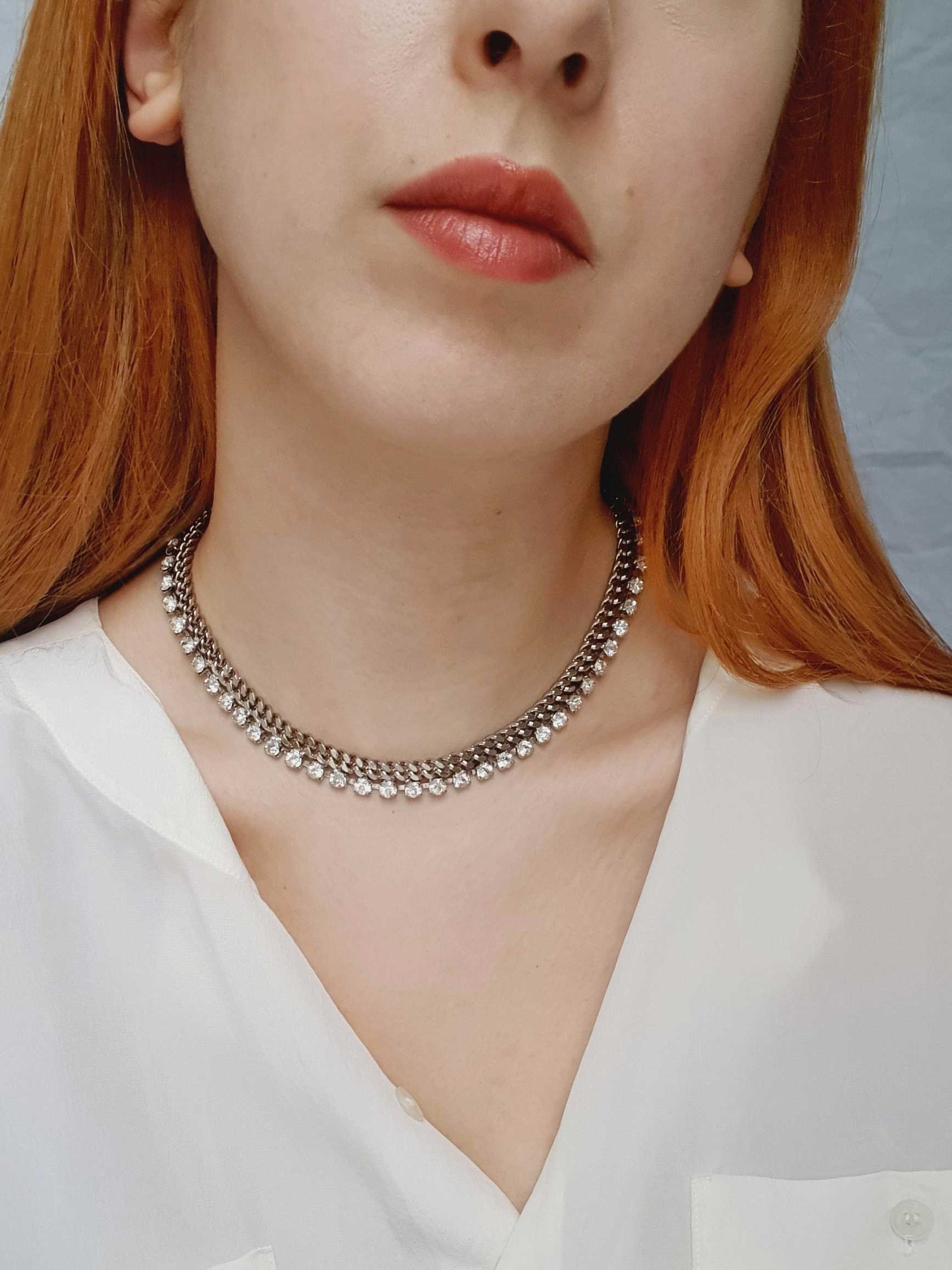 Vintage Silver Chunky Chain Necklace with Clear Crystals - Image 3