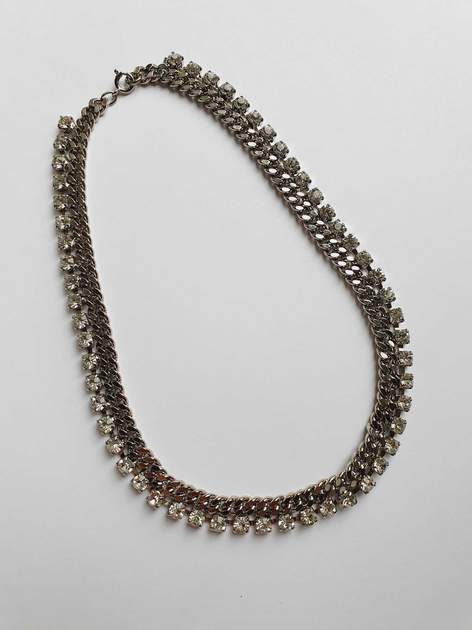 Vintage Silver Chunky Chain Necklace with Clear Crystals - Image 4