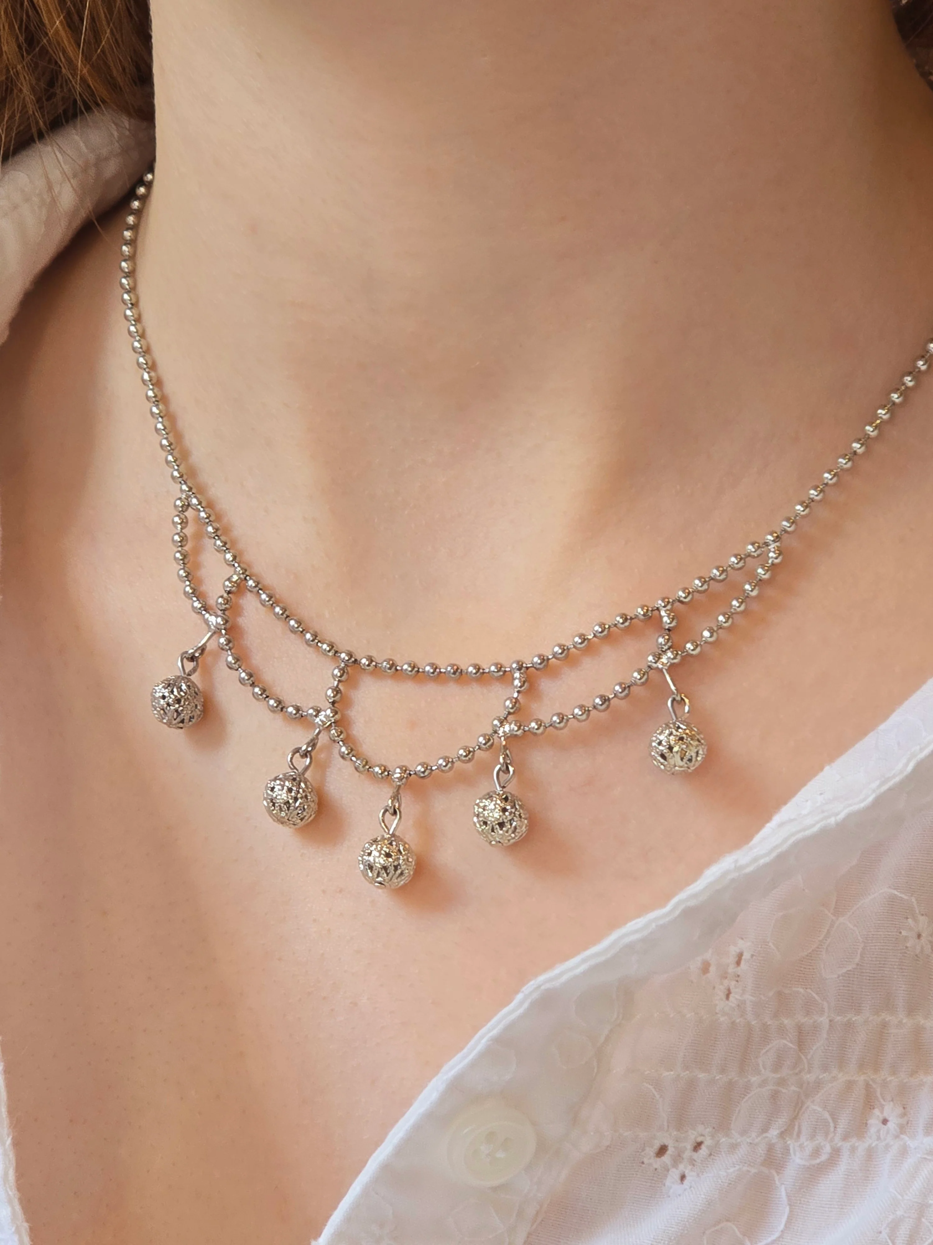 Vintage Silver Plated Ball Chain Necklace with Round Charms - Image 6