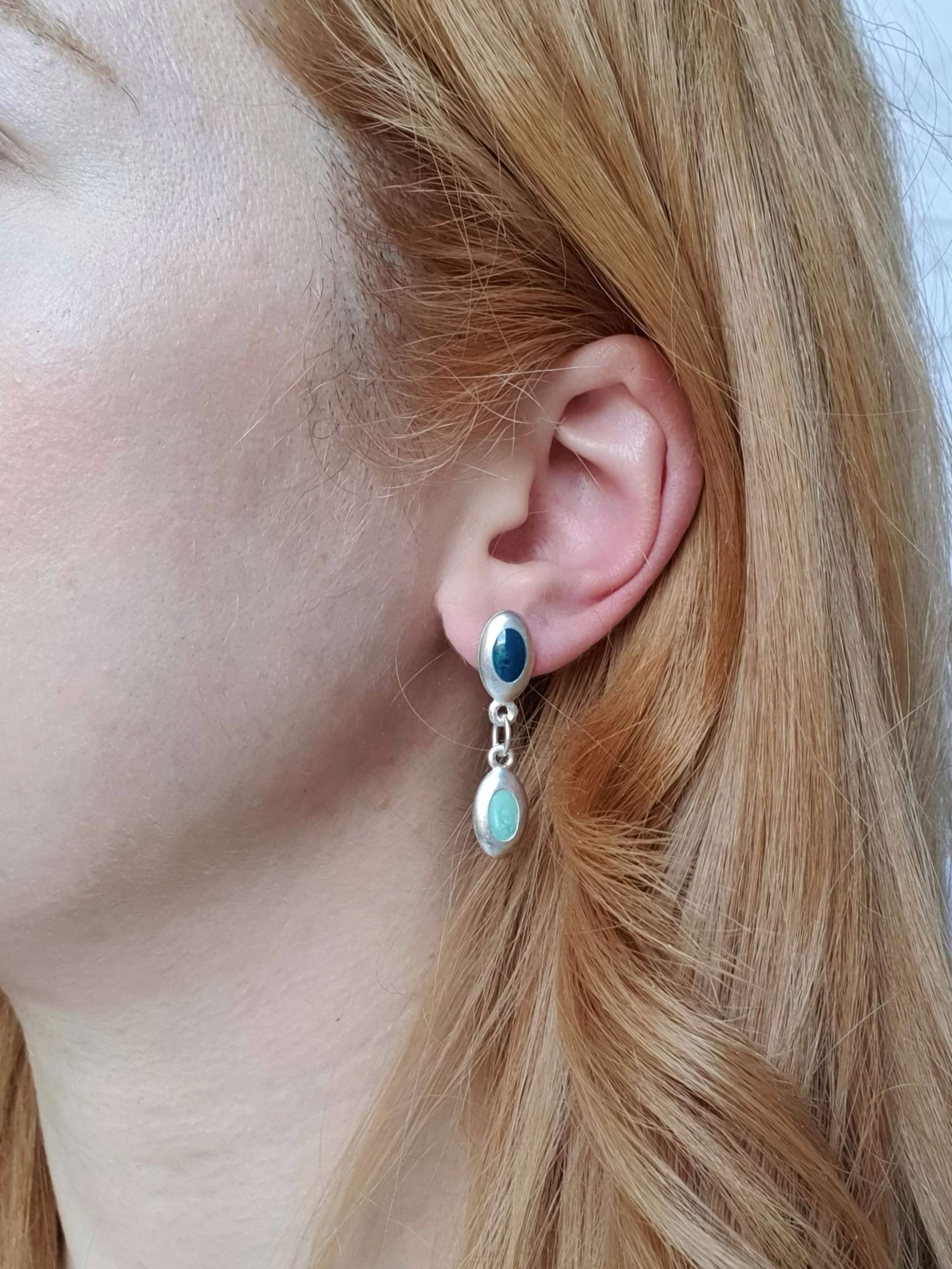 Vintage Silver Plated Blue Enamel Drop Earrings - Image 2