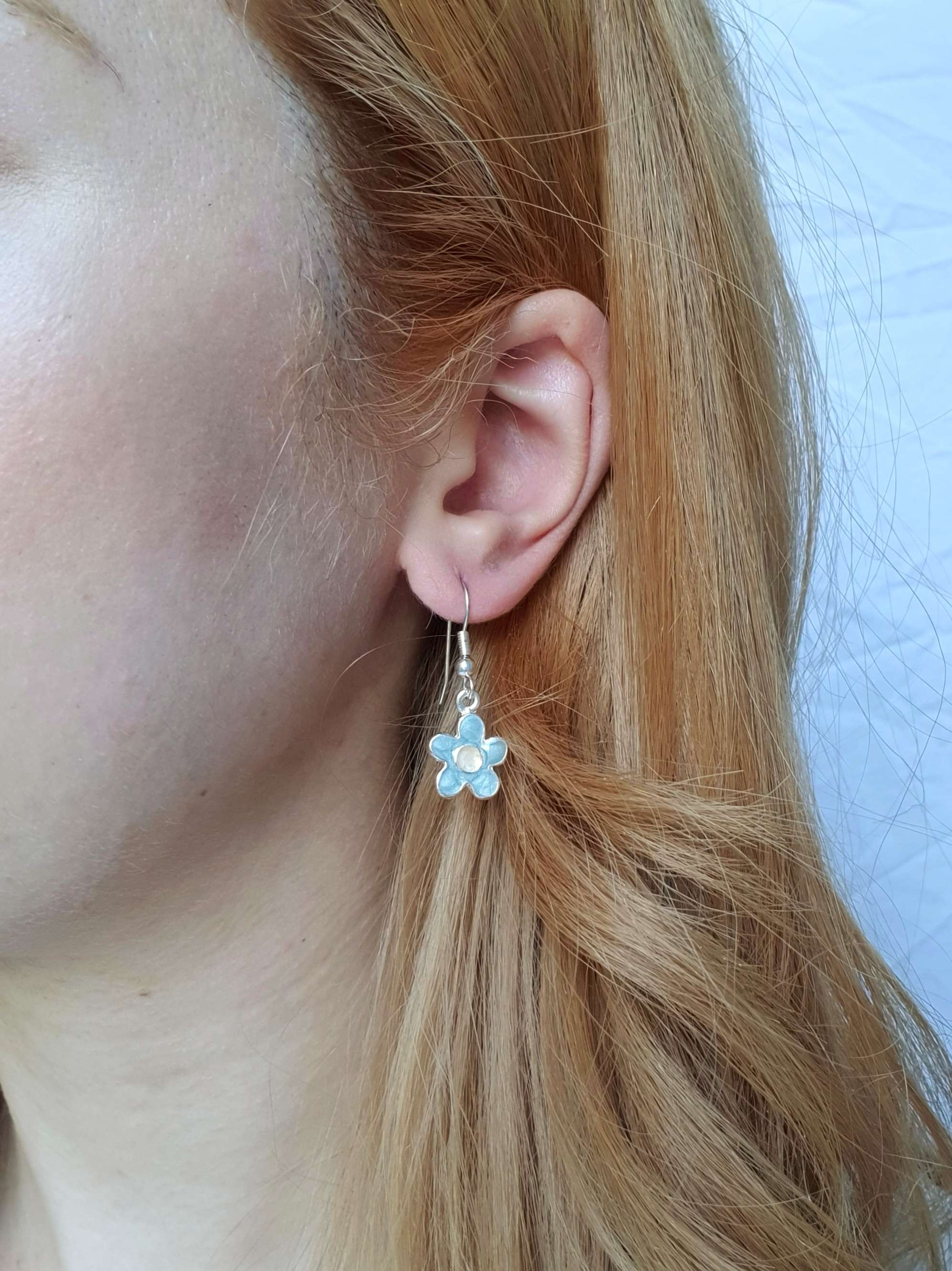 Vintage Silver Plated Blue Enamel Flower Drop Earrings - Image 2