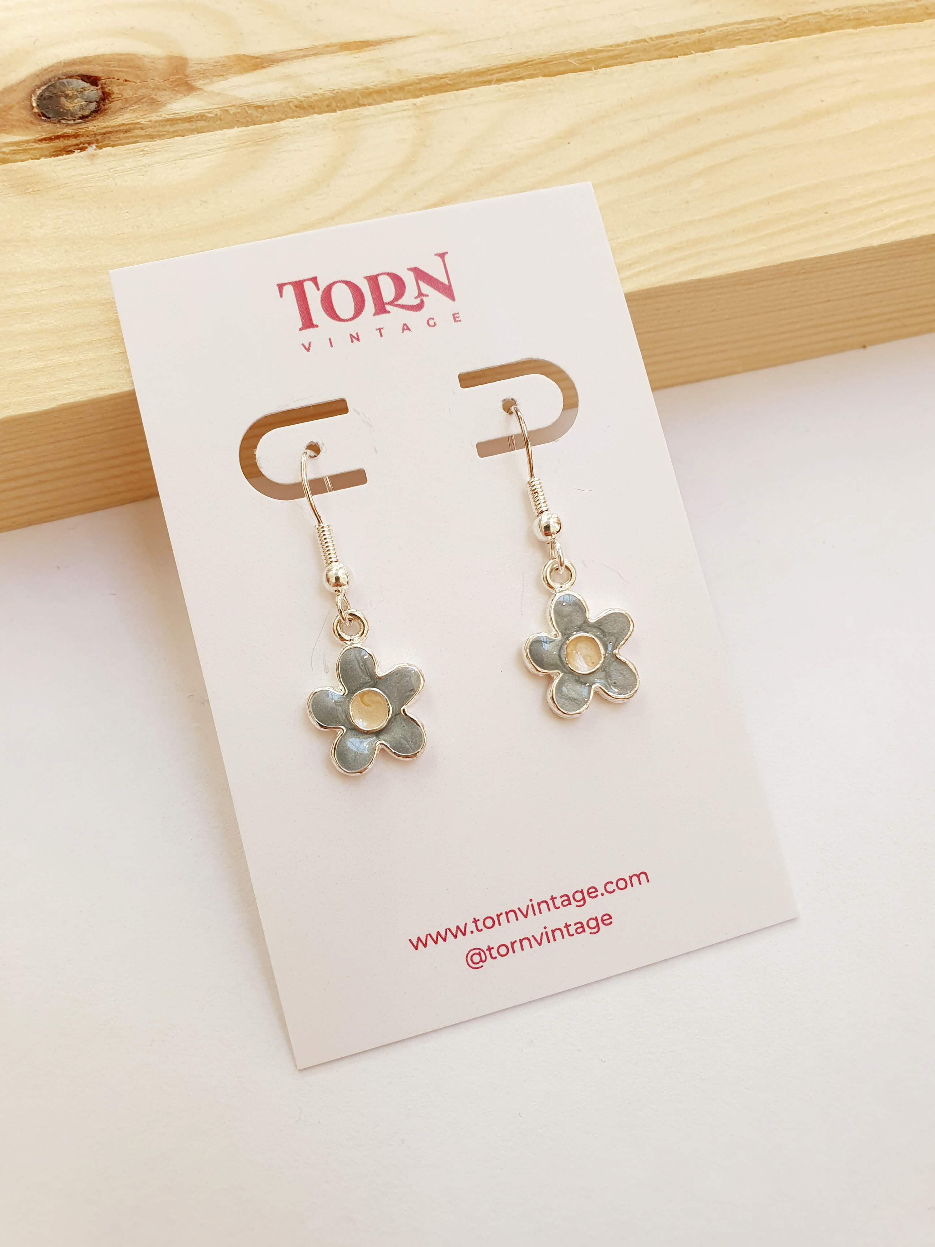 Vintage Silver Plated Blue Enamel Flower Drop Earrings - Image 5