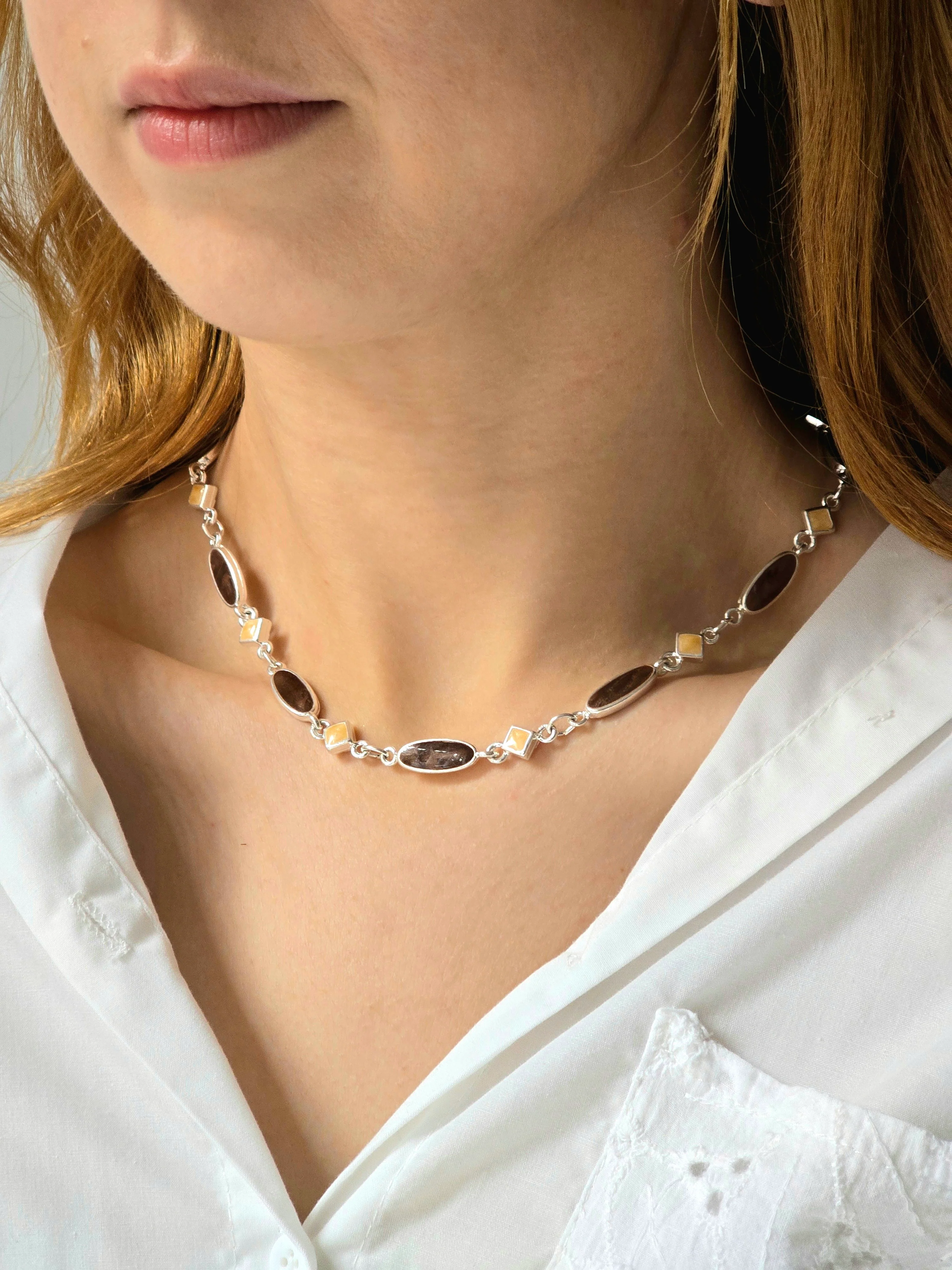 Vintage Silver Plated Chain Necklace with Burgundy and Cream Enamel - Image 2