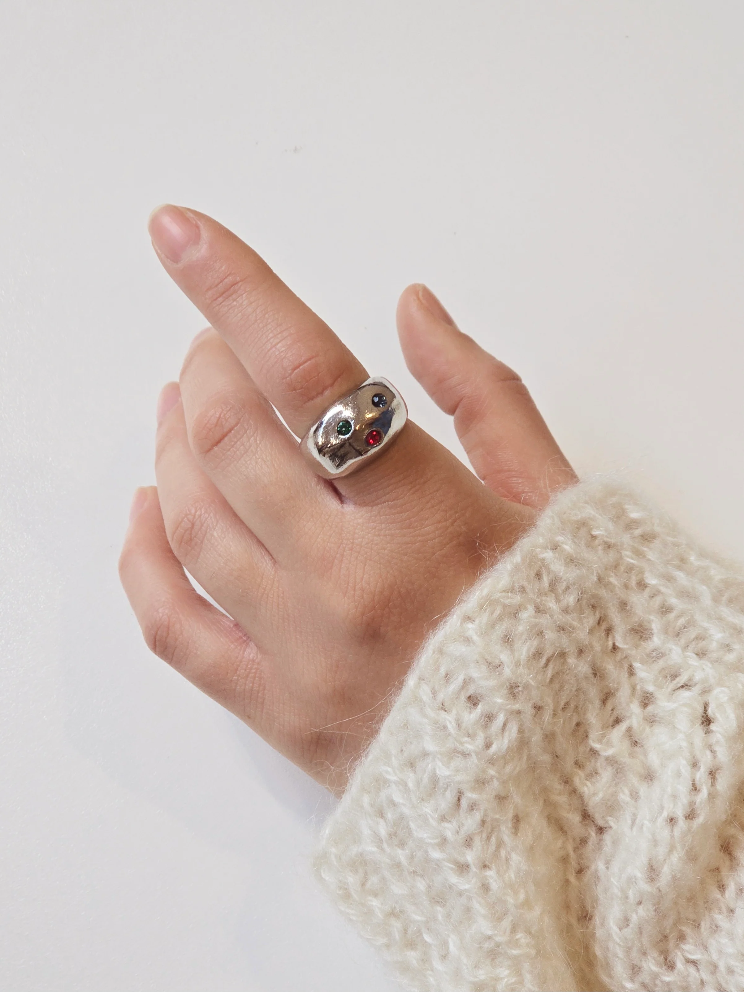 Vintage Silver Plated Chunky Ring with Colourful Crystals - Image 2