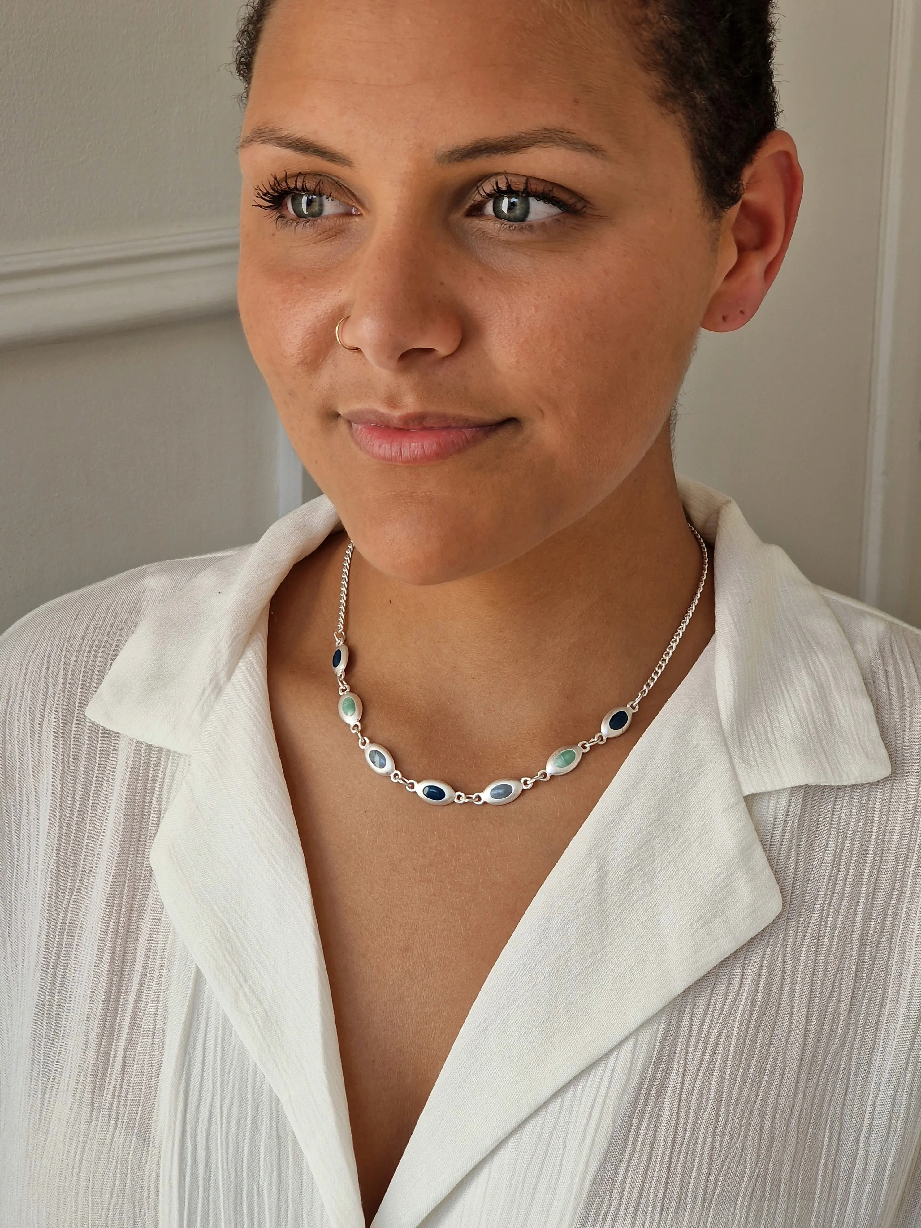 Vintage Silver Plated Curb Chain Necklace with Blue Enamel - Image 6