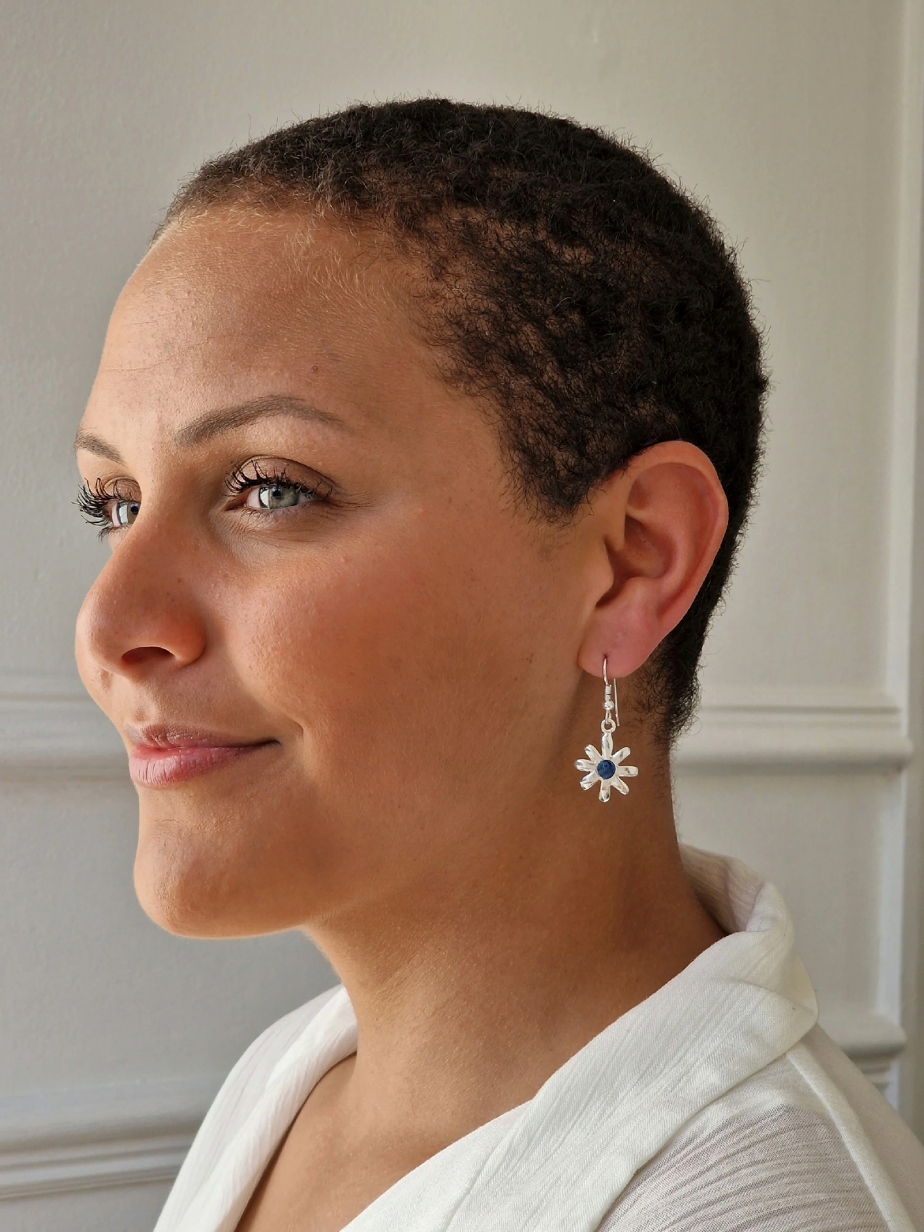 Vintage Silver Plated Flower Charm Drop Earrings with Blue Enamel