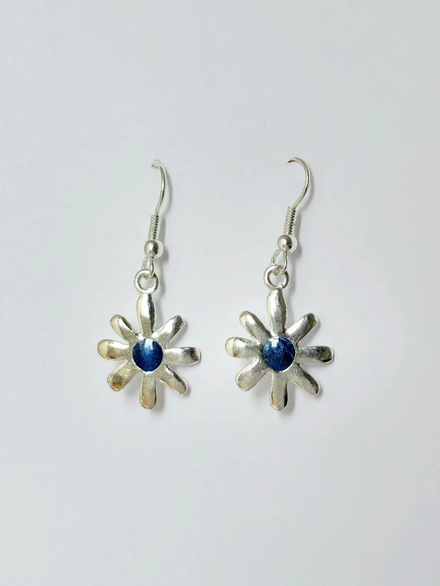 Vintage Silver Plated Flower Charm Drop Earrings with Blue Enamel - Image 2