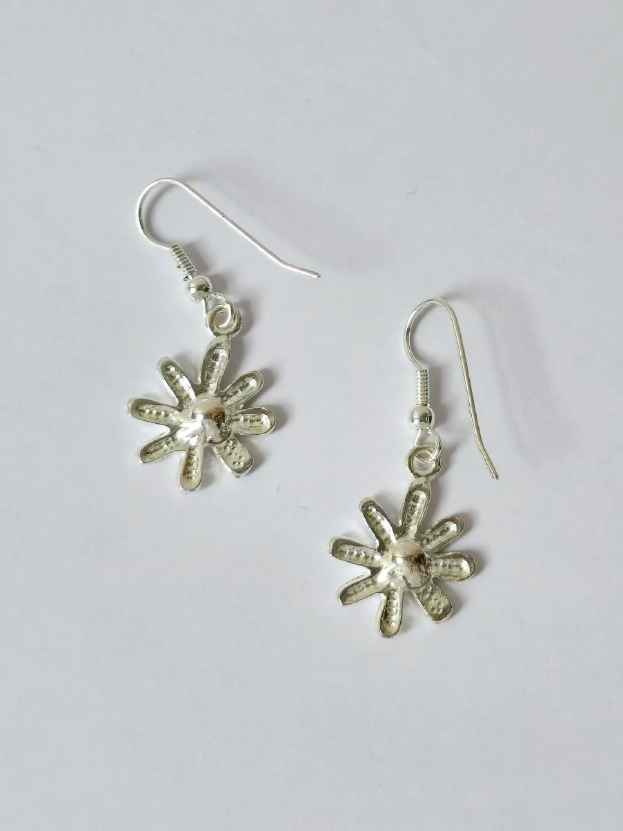 Vintage Silver Plated Flower Charm Drop Earrings with Blue Enamel - Image 3